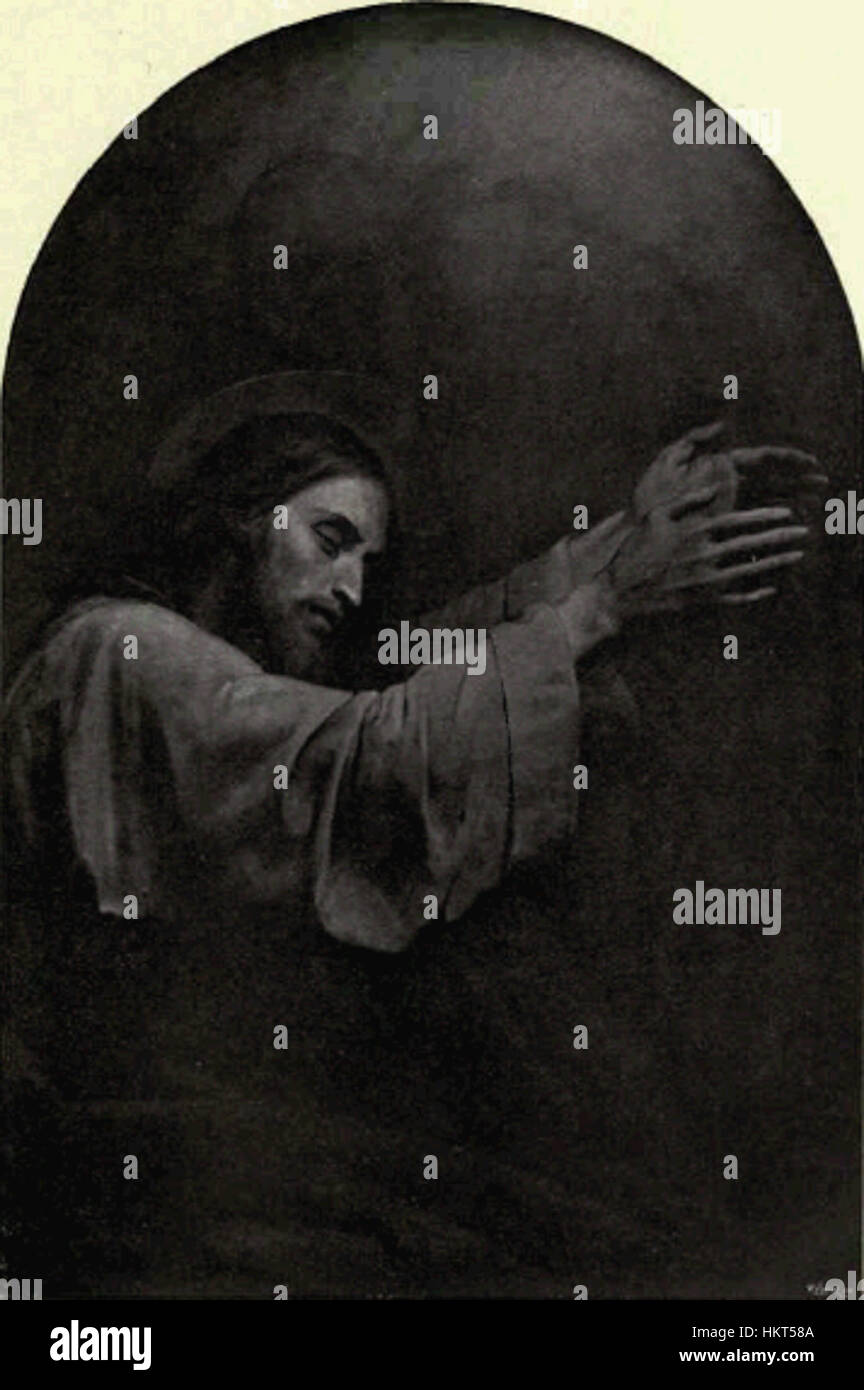 Un dipinto ad olio del XIX secolo di Ary Scheffer, raffigurante Cristo sul Monte degli Ulivi. Il dipinto cattura l'intensità emotiva e i temi spirituali centrali dell'iconografia cristiana. Foto Stock