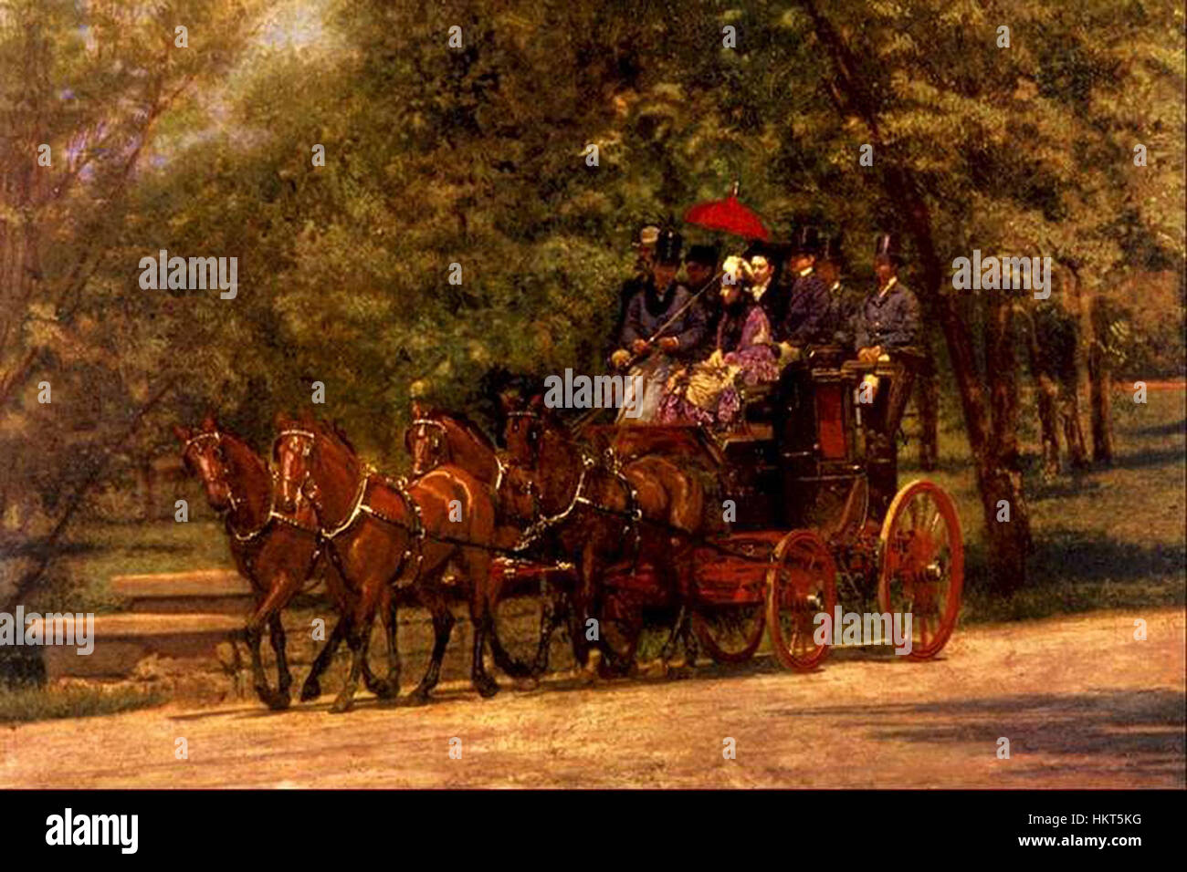 "Fairman Rogers Four-in-Hand" (May Morning in Park) di Thomas Eakins cattura una vivace scena di una carrozza trainata da cavalli nel Fairmount Park di Filadelfia. Il dipinto ad olio del 1880 mette in evidenza l'abilità di Eakins nel rendere luce naturale, movimento e vita sociale durante la fine del XIX secolo. Foto Stock