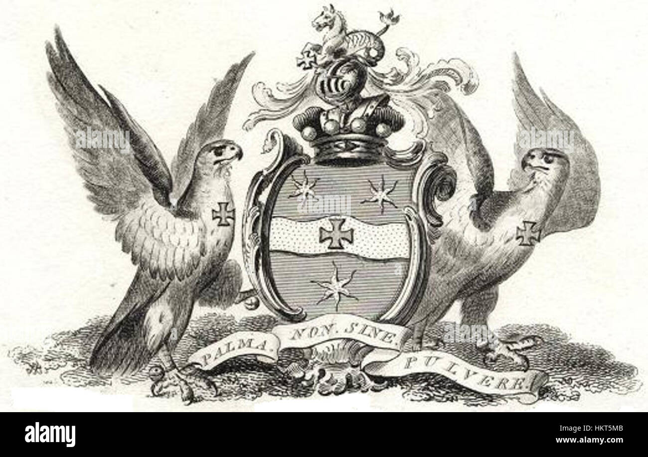 Lo stemma del conte di Liverpool rappresenta il lignaggio nobile e l'eredità della famiglia aristocratica. Include elementi simbolici che riflettono la storia della famiglia e i risultati ottenuti nella società britannica. Foto Stock