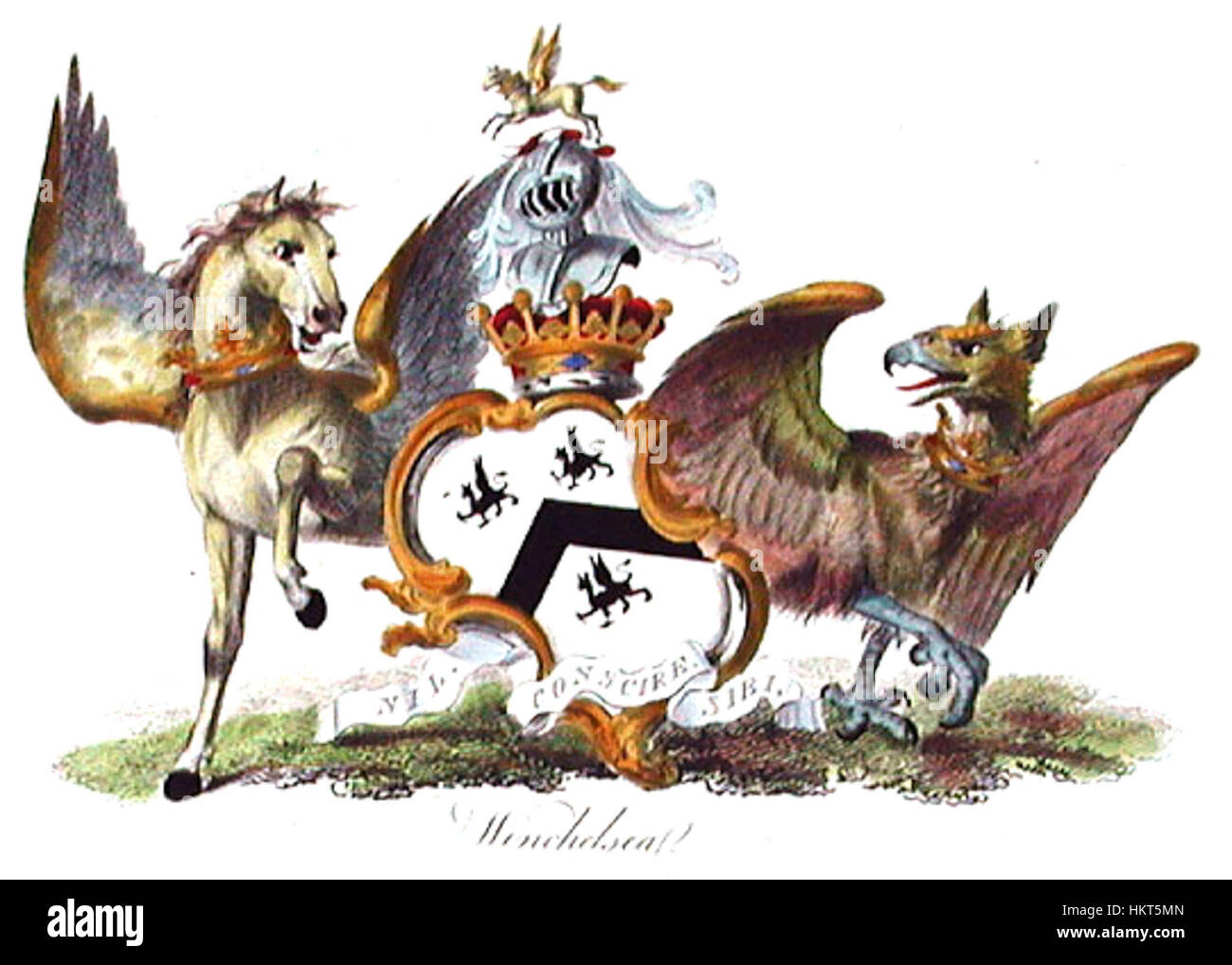 Lo stemma del conte di Winchilsea, un'importante famiglia aristocratica britannica, presenta simboli associati al loro nobile patrimonio. Questo emblema è spesso usato in contesti araldici per rappresentare il significato storico della famiglia. Foto Stock