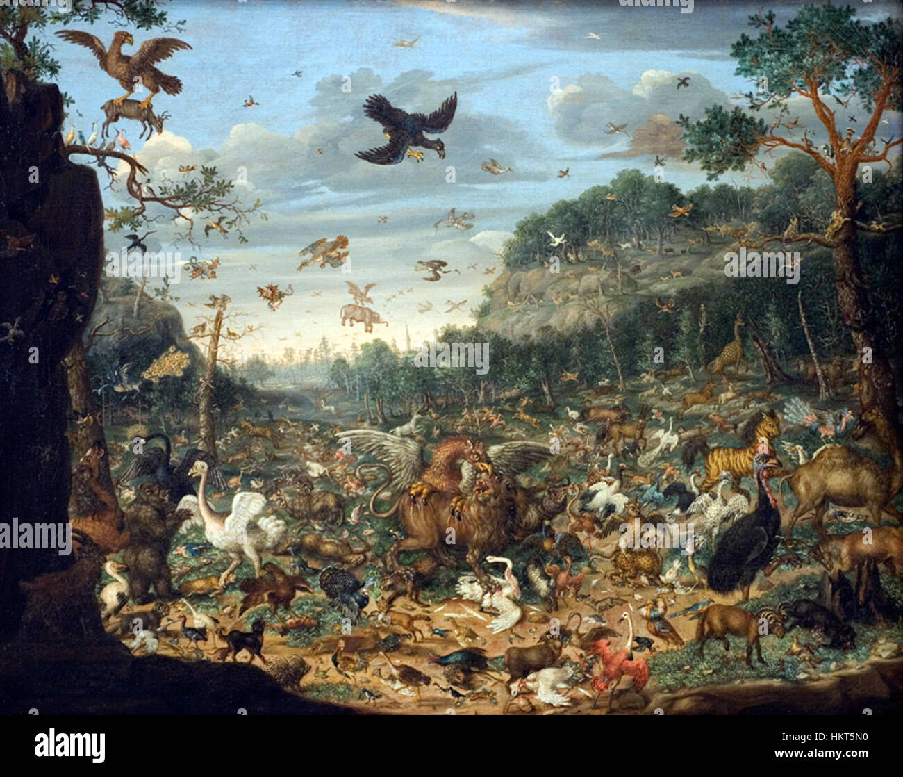 "Terra dopo la caduta dell'uomo" è un toccante dipinto ad olio che raffigura le conseguenze della caduta dell'umanità dalla grazia, riflettendo sia il decadimento ambientale che morale. Il lavoro esplora temi di perdita e redenzione, creati utilizzando tecniche classiche. Foto Stock