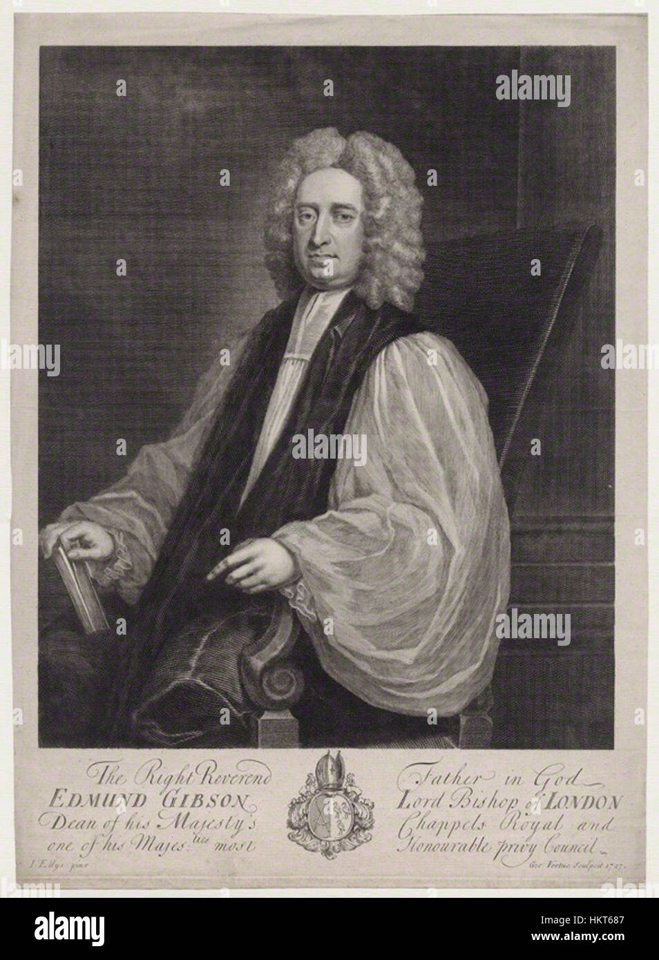 Questa incisione di Edmund Gibson, creata da George Vertue dopo John Ellys, mostra il vescovo e studioso Edmund Gibson. Il pezzo è un esempio significativo di incisioni ritrattistiche del XVIII secolo che documentavano figure di spicco del tempo. Foto Stock