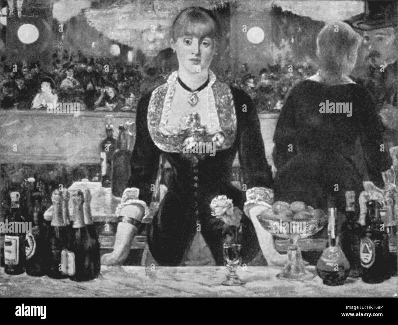 Il "Bar in the Folies-Bergère" di Edouard Manet (1881) cattura una scena nel famoso nightclub parigino, mostrando una barista al centro. L'opera illustra lo stile caratteristico di Manet, mescolando il realismo con un sottile commento sociale sulla vita moderna nella Parigi del tardo XIX secolo. Foto Stock