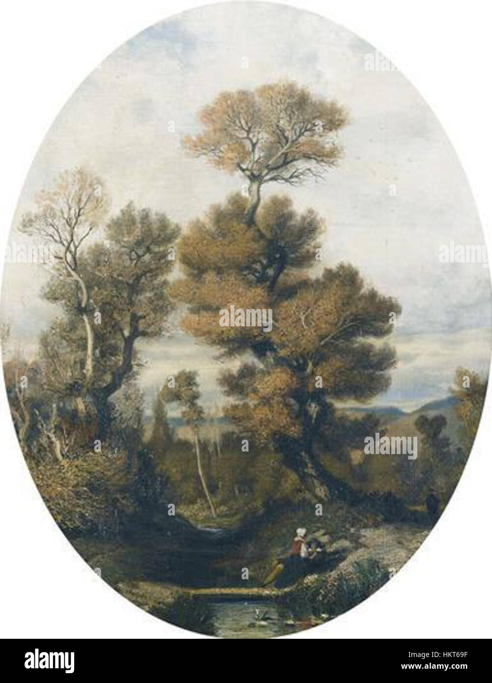 "Herbstliche Bachlandschaft" di Edouard-Auguste Imer raffigura un tranquillo paesaggio autunnale con un ruscello che attraversa una foresta. I dipinti ad olio catturano la bellezza serena delle stagioni che cambiano e l'ambiente tranquillo della campagna. Foto Stock