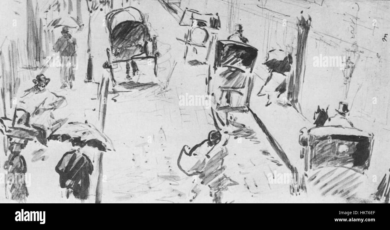 "La Rue Mosnier" di Edouard Manet è un disegno a inchiostro di una strada parigina, che mostra lo stile distintivo di Manet e la sua attenzione alla vita urbana durante il XIX secolo. Il pezzo cattura il movimento e la vita quotidiana di Parigi. Foto Stock