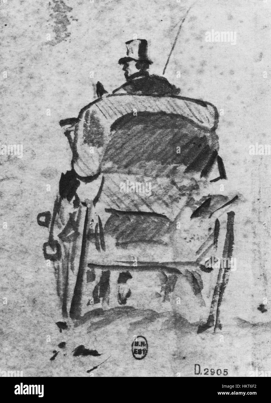 "Le fiacre vu de dos" di Edouard Manet ritrae una carrozza trainata da cavalli da dietro, offrendo una vista dettagliata dei trasporti parigini del XIX secolo. Il dipinto riflette la vita moderna e la cultura urbana del tempo. Foto Stock