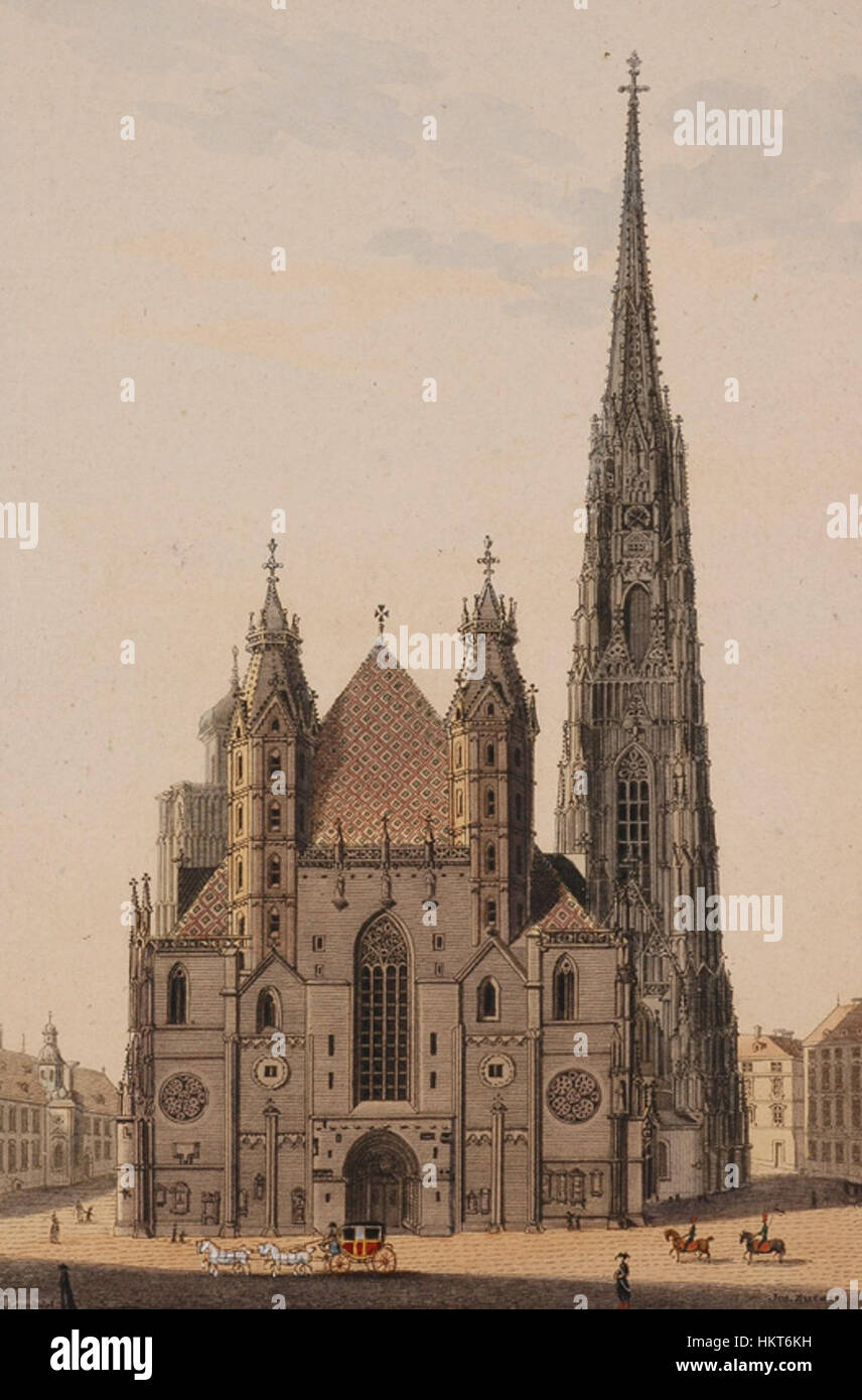 Il dipinto *Sankt Stephan* di Eduard Gurk mostra la chiesa di Santo Stefano a Vienna, un simbolo iconico dell'architettura austriaca. L'opera mette in risalto gli intricati dettagli e la grandiosità di questo monumento storico. Foto Stock
