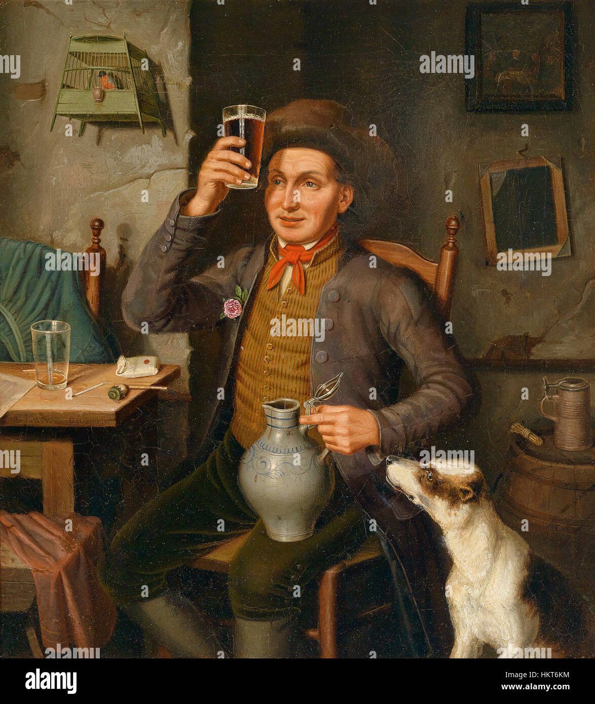 Un dipinto di Eduard Hermann Lotz, intitolato "Ein guter Tropfen", che raffigura una scena di raffinata eleganza. L'opera ritrae un bicchiere di vino con attenzione ai dettagli, mostrando la maestria di Lotz nella pittura di natura morta. Foto Stock