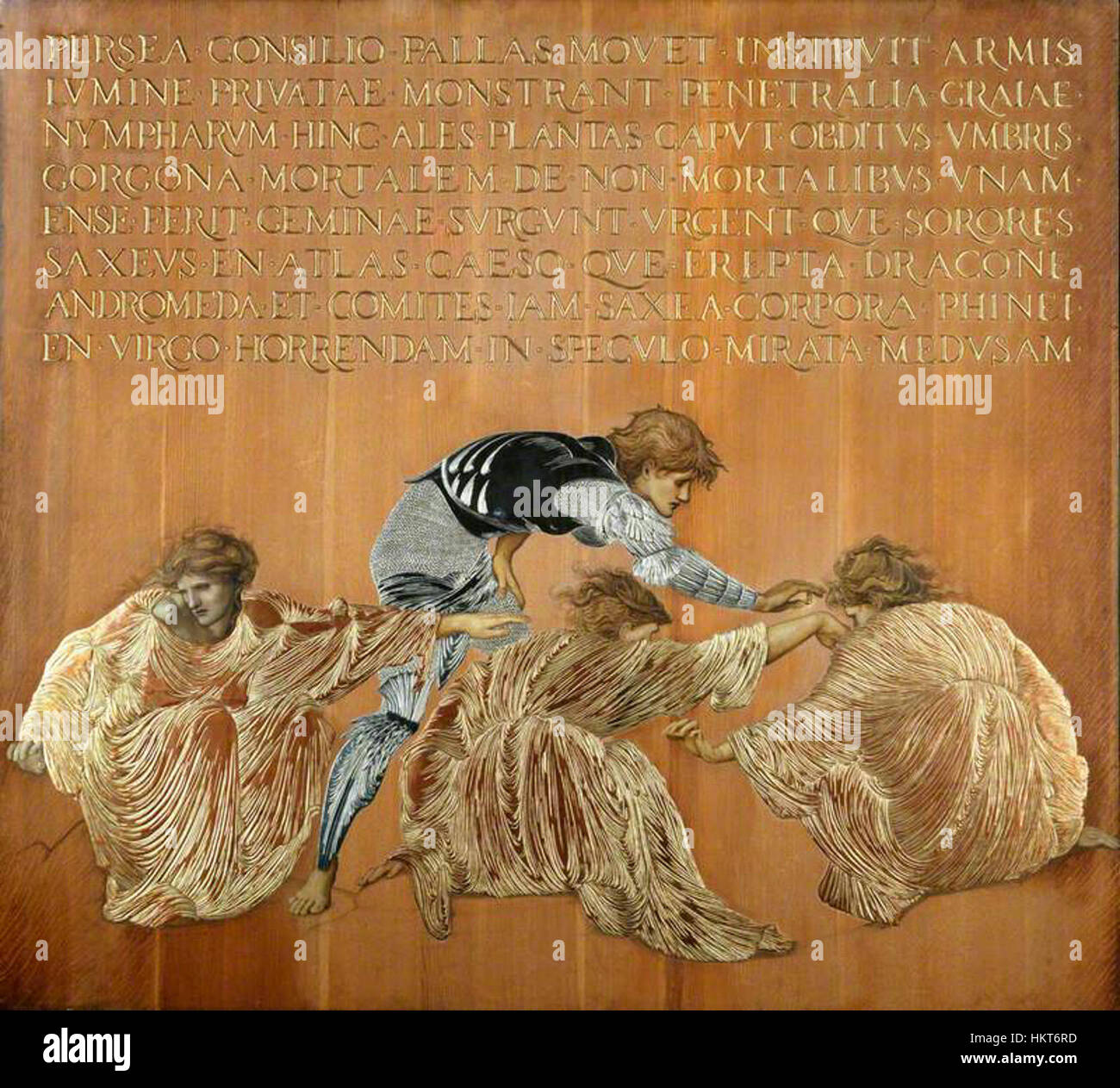 Edward Burne-Jones, Perseo e le Graie (1877), illustra una scena mitologica della mitologia greca, in cui Perseo incontra le tre sorelle cieche, le Graiae. Il dipinto ad olio mostra lo stile caratteristico di Burne-Jones, con dettagli intricati e colori tenui tipici del movimento preraffaellita. Foto Stock