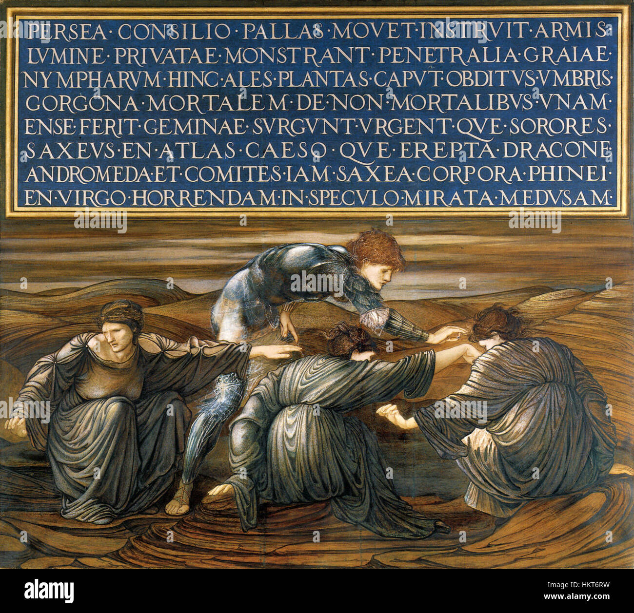 Edward Burne-Jones' *Perseo and the Graiae* è una rappresentazione drammatica del mito greco, che illustra l'incontro di Perseo con le tre streghe, le Graiae. Il dipinto cattura l'intenso momento del confronto mitologico nello stile pre-Raphaelite di Burne-Jones. Foto Stock
