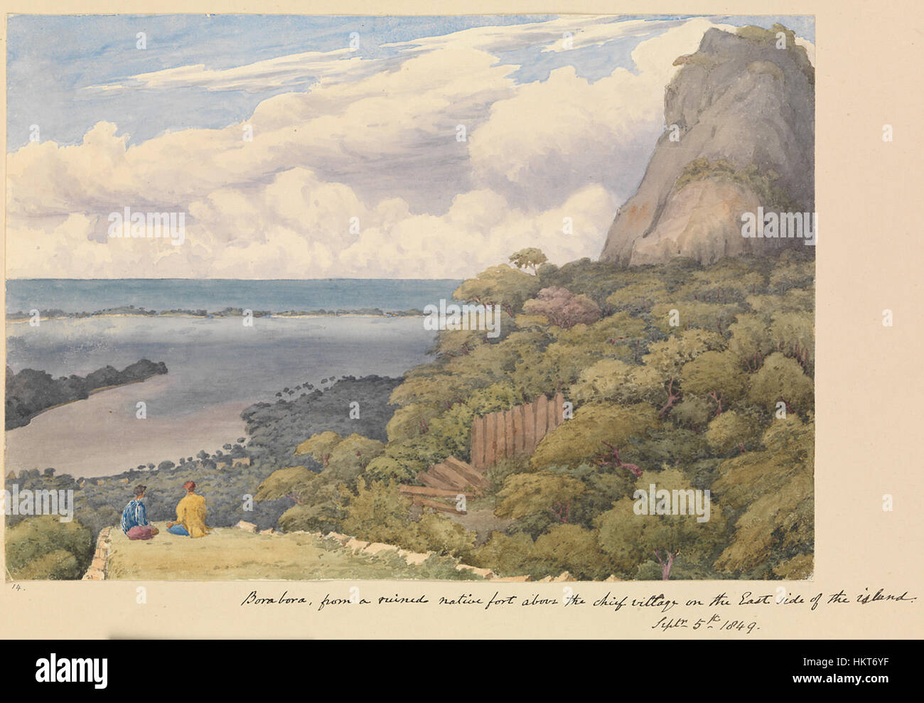 Il dipinto di Edward Gennys Fanshawe di Bora Bora, datato 5 settembre 1849, cattura la vista da un forte nativo in rovina sopra il villaggio principale. Questa opera d'arte fornisce una prospettiva storica sul paesaggio, la cultura e la sua connessione con le prime esplorazioni europee nel Pacifico. Foto Stock