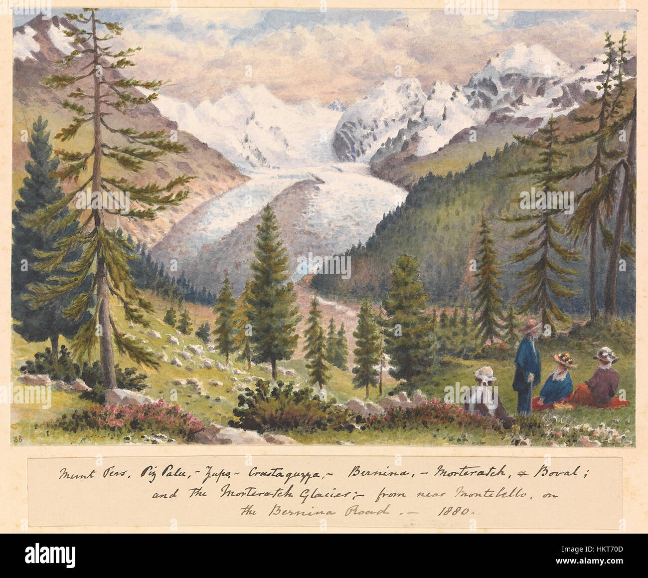 Edward Gennys Fanshawe, Mount Pers, Piz Palu, Zupo, Crastaguzza, Bernina, Morteratch & Buval; e il Ghiacciaio Morteratch; da vicino a Montebello sul Bernina Road, 1880 (Svizzera) Foto Stock