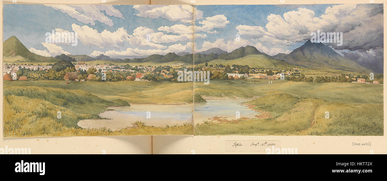 Il dipinto di Edward Gennys Fanshawe di Tepic, Messico, creato nell'agosto 1850, riflette le appassionate osservazioni dell'artista sulla vita e il paesaggio messicani. Questo lavoro evidenzia la sua capacità di catturare le caratteristiche culturali e geografiche della regione. Foto Stock