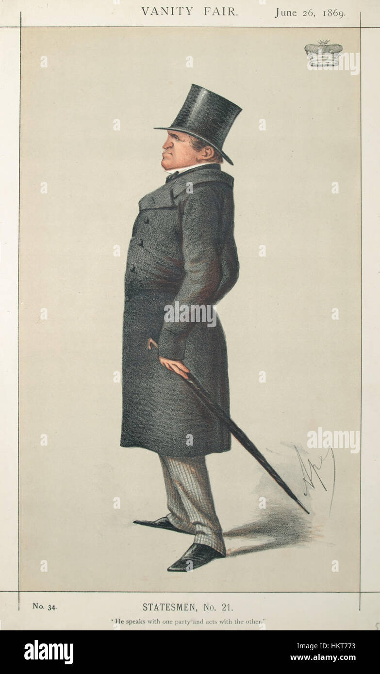 La caricatura "Vanity Fair" del 1869 di Edward Stanley, un politico britannico, lo ritrae umoristicamente con caratteristiche esagerate. Questa opera satirica è un esempio chiave della caricatura politica britannica del XIX secolo. Foto Stock