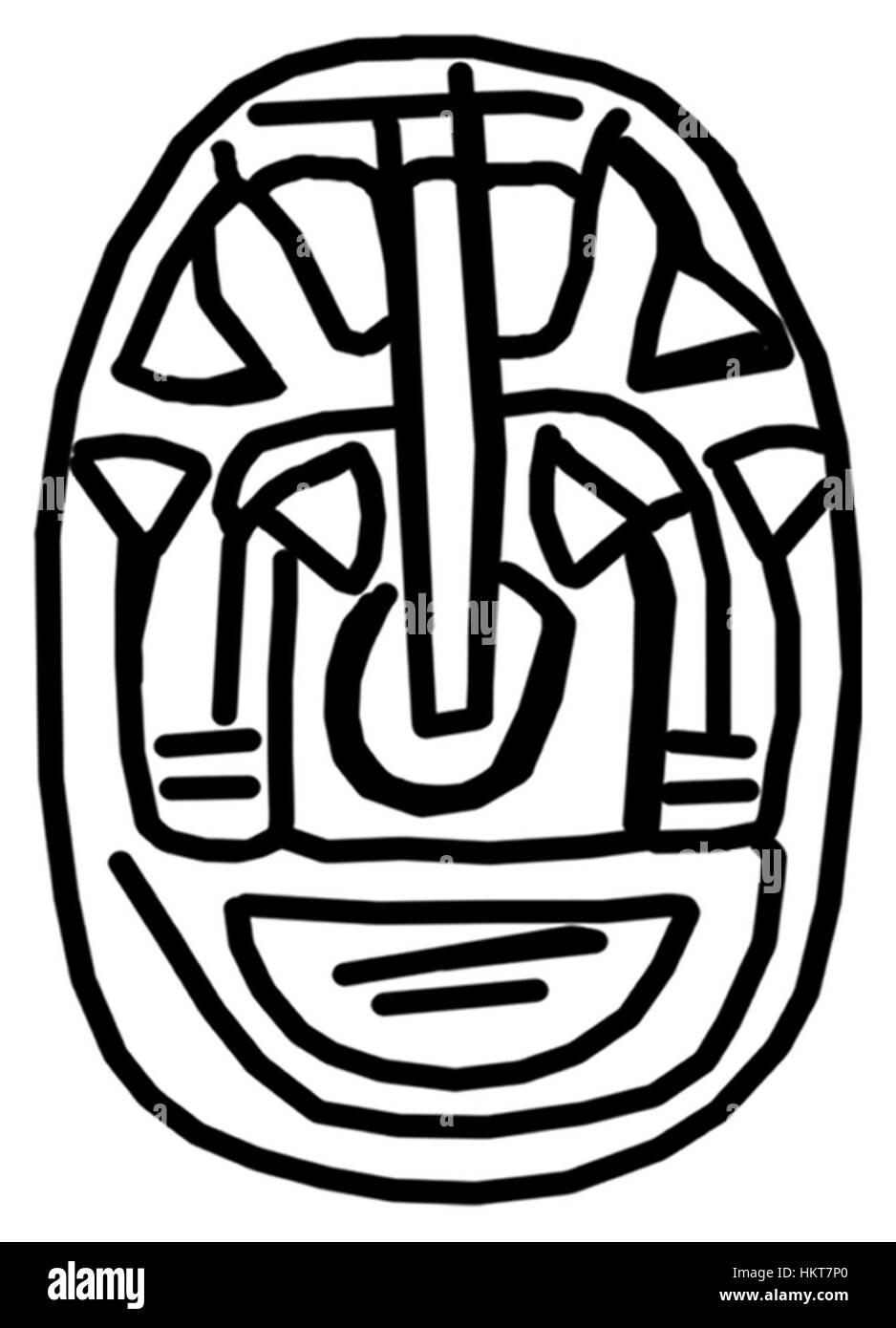 Questo scarabeo egiziano presenta un'immagine che rappresenta l'unificazione, un tema comune nell'arte egiziana antica che simboleggia la fusione dell'alto e del basso Egitto. Lo scarabeo è un piccolo amuleto utilizzato per la protezione, con geroglifici incisi sulla sua superficie. Foto Stock