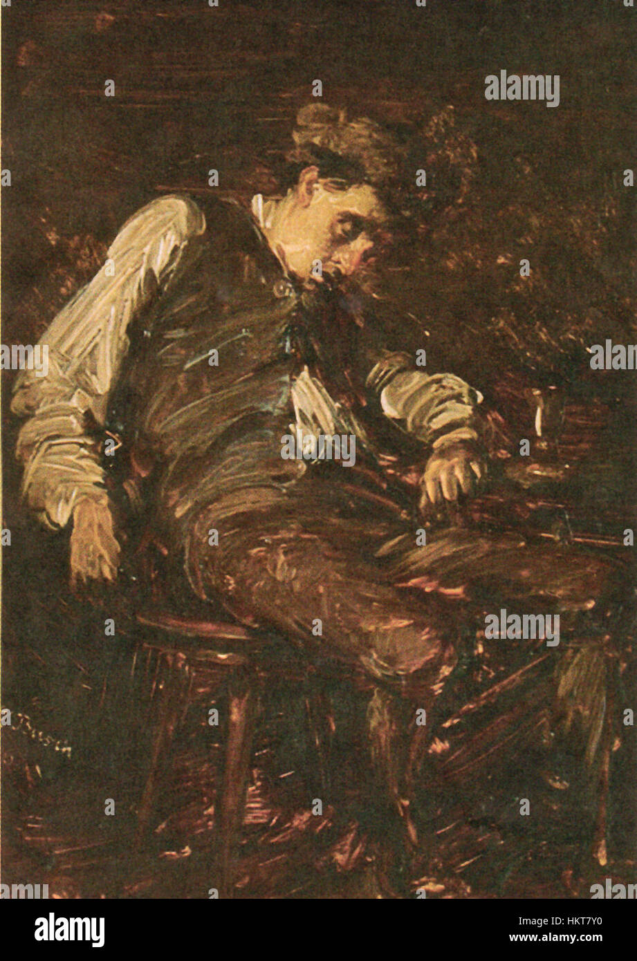 Questa illustrazione satirica di Wilhelm Busch, intitolata "Eingeschlafener Trinker", ritrae umoristicamente un uomo ubriaco addormentato, riflettendo il tipico stile di commento sociale dell'artista attraverso la caricatura. Busch era noto per le sue spiritose raffigurazioni della follia umana, spesso mescolando l'umorismo con la critica. Foto Stock