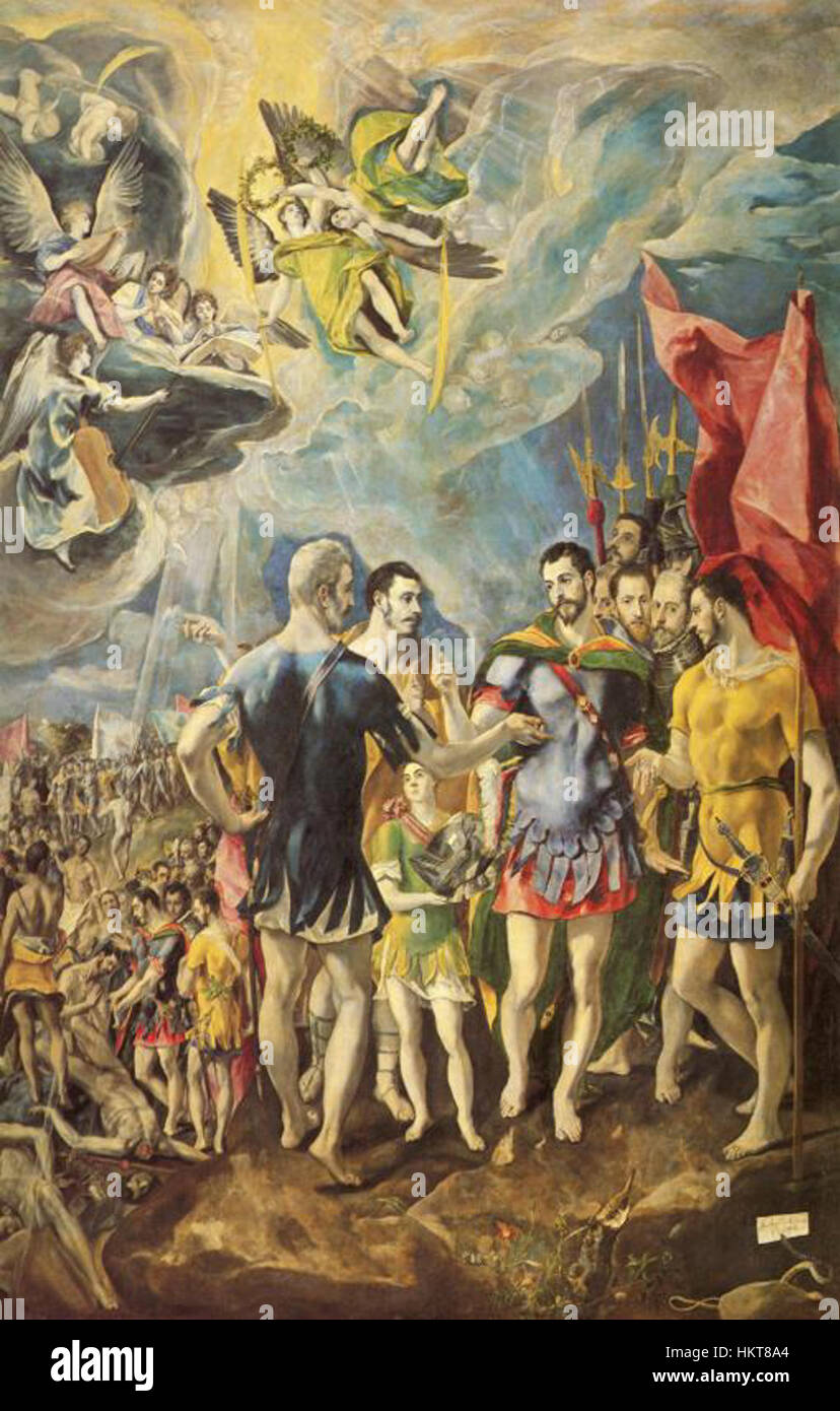 "Elgreco50" è un'opera d'arte influenzata da El Greco, caratterizzata da luci drammatiche e figure allungate. Il dipinto segue lo stile caratteristico di El Greco, noto per le sue qualità spirituali ed espressive nei soggetti religiosi. Foto Stock