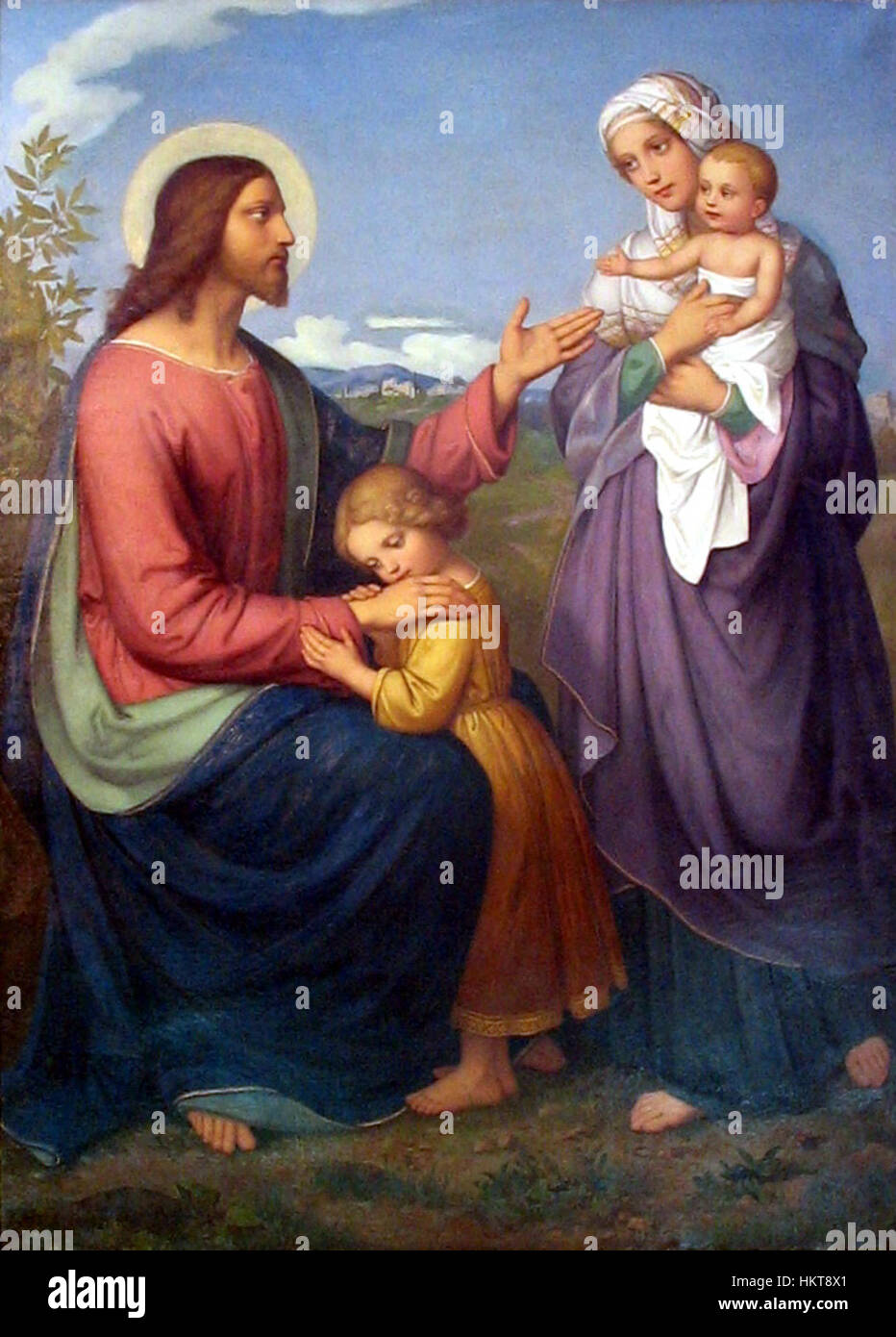 "Jesus als Kinderfreund" di Ellenrieder è un dipinto del 1845 che raffigura Gesù come una figura amichevole per i bambini, che trasmette il calore e la compassione di Cristo. L'opera riflette il sentimento religioso dell'arte del XIX secolo. Foto Stock