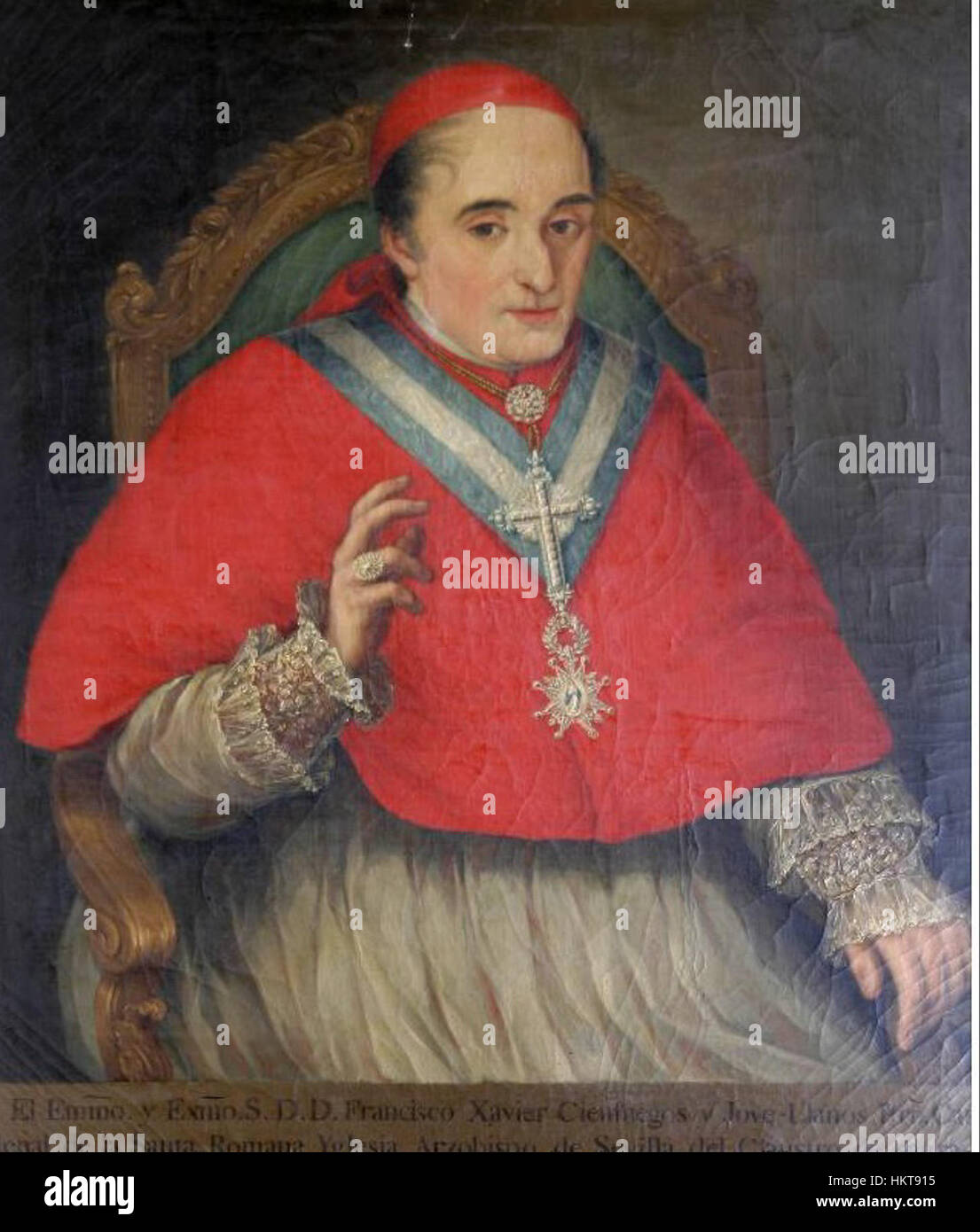 Un ritratto del cardinale Francisco Javier Cienfuegos Jovellanos, esposto all'Università di Siviglia. Il dipinto cattura il significato storico della figura religiosa, offrendo uno sguardo sul suo ruolo influente nella storia della chiesa spagnola durante il XVIII secolo. Foto Stock