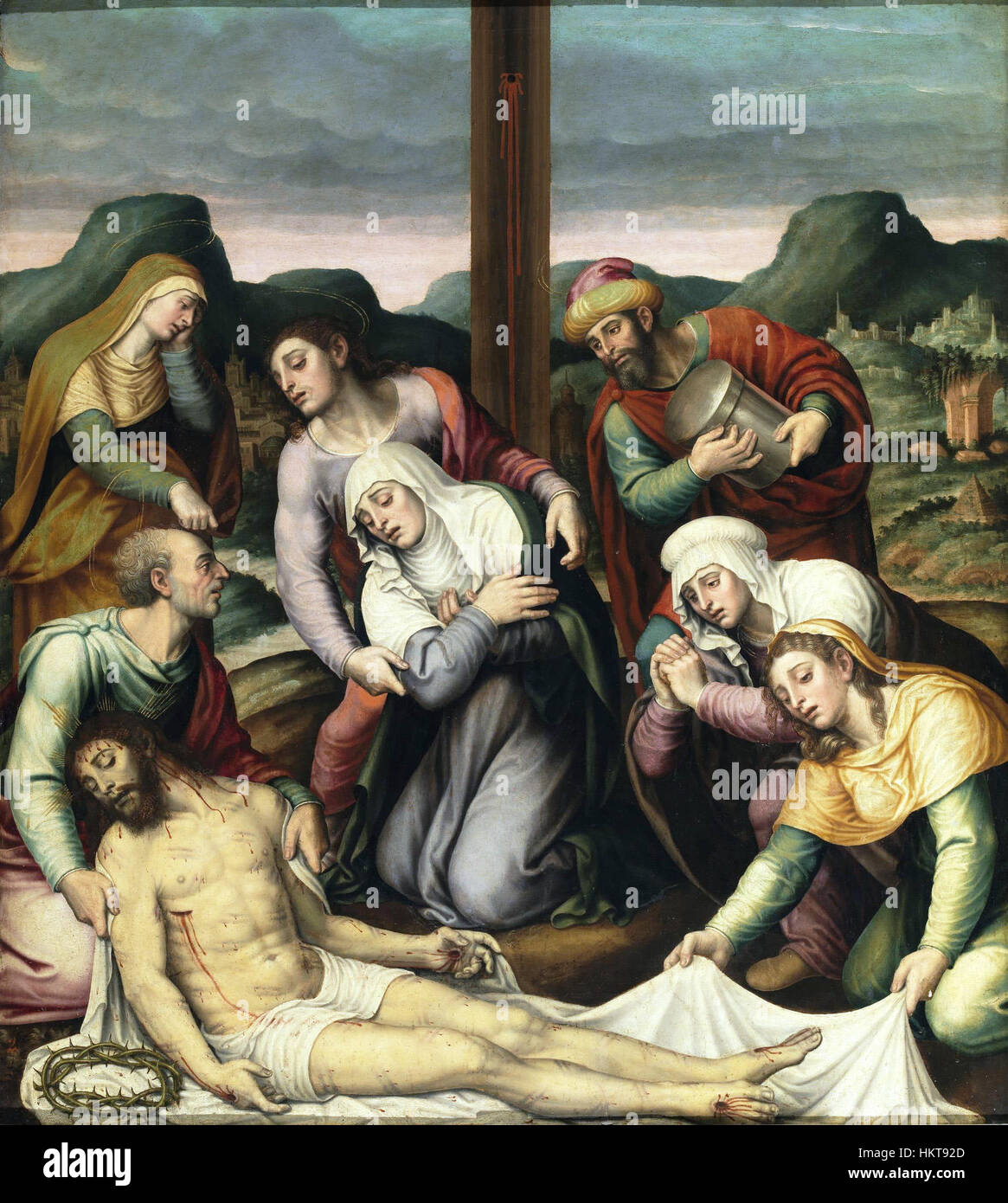 "El Descendimiento" di Vicente Macip Comes è un dipinto barocco spagnolo che raffigura la discesa di Cristo dalla croce. Questa scena religiosa è nota per la sua rappresentazione drammatica del dolore e del sacrificio divino. Foto Stock