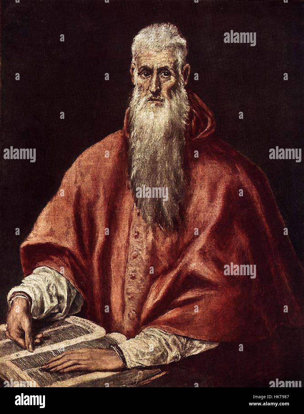 El Greco's *St Jerome nel ruolo del Cardinale* presenta un potente ritratto di San Girolamo nelle vesti cardinali. Questo dipinto cattura la profondità intellettuale e spirituale del santo, mostrando lo stile distintivo di El Greco nel suo uso di colori vivaci e forme allungate. Foto Stock