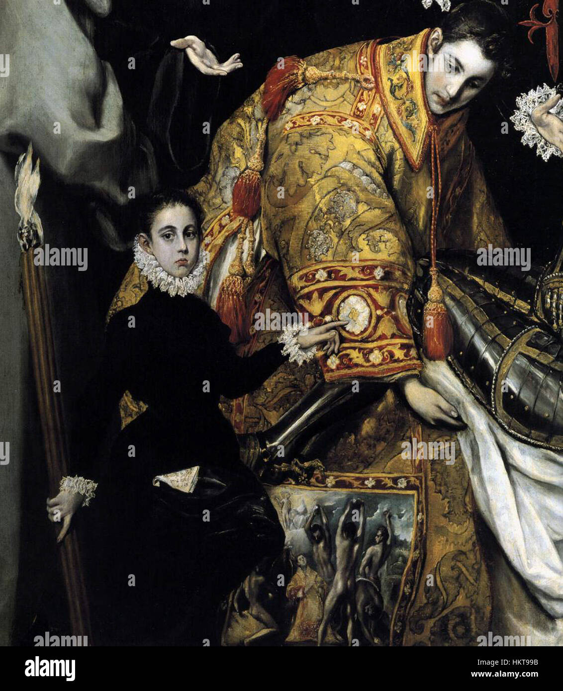 "La sepoltura del conte di Orgaz" di El Greco rappresenta un momento chiave della storia spagnola, con questa sezione dettagliata che si concentra sul significato religioso e spirituale dell'evento. Foto Stock