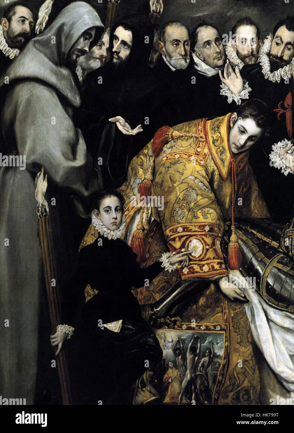 Un dettaglio del famoso dipinto di El Greco "la sepoltura del conte di Orgaz", che illustra il suo stile iconico che fonde spiritualità con realismo. L'opera è nota per il suo uso drammatico del colore e delle figure allungate. Foto Stock