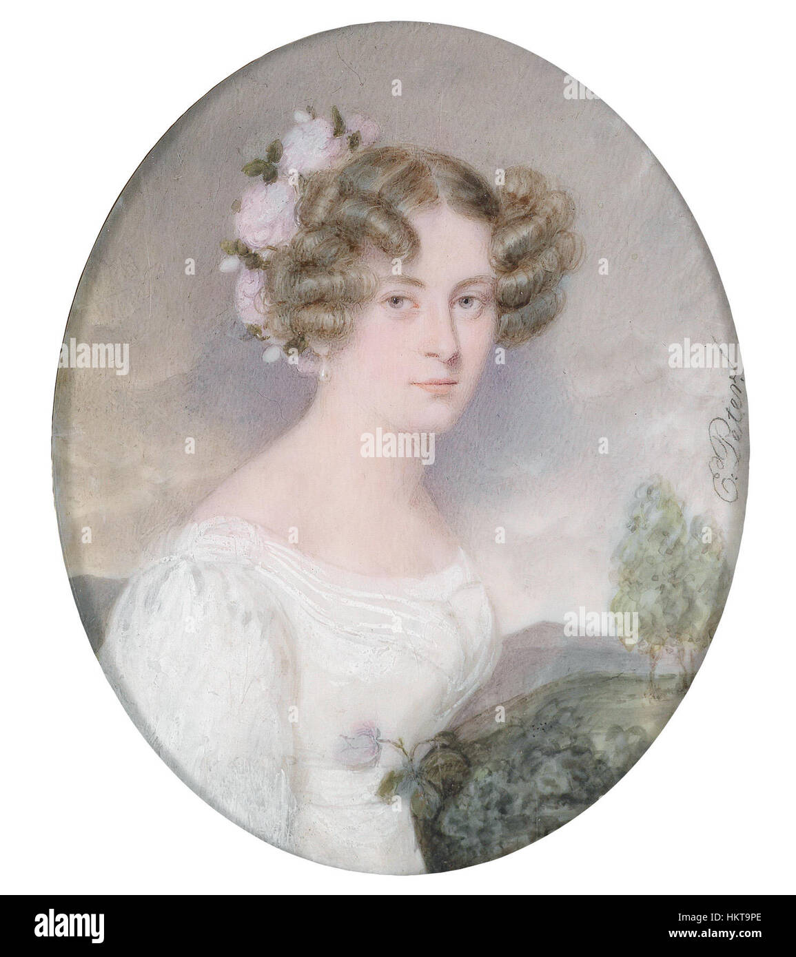 Il *Ritratto di una giovane donna con i fiori nei suoi capelli* di Emanuel Thomas Peter presenta una figura delicatamente dipinta che cattura le graziose caratteristiche e la sottile eleganza del soggetto. I dettagli floreali aggiungono un tocco di raffinatezza alla composizione. Foto Stock