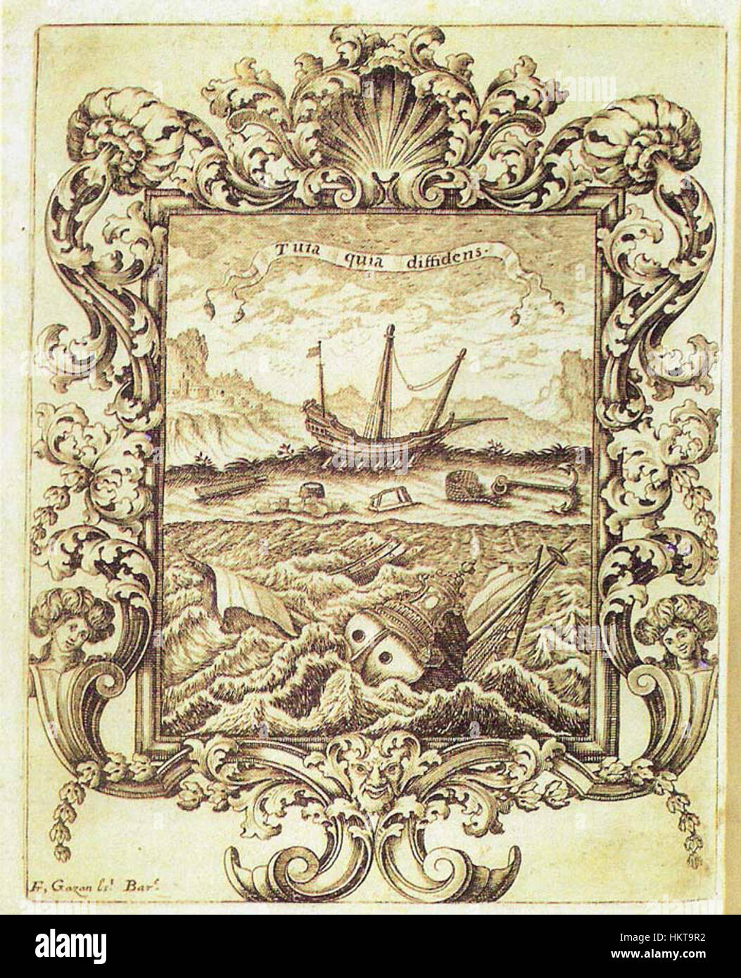 "Emblema Academia dels Desconfiats" è un dipinto emblematico del 1701 che mostra simboli e metafore visive legate allo scetticismo e all'incertezza. Questo lavoro riflette il clima intellettuale dei primi anni del XVIII secolo. Foto Stock