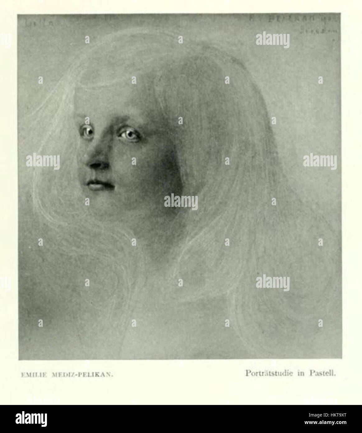 "Portraitstudie in Pastell" di Emilie Mediz-Pelikan presenta un delicato uso del pastello per creare un raffinato ritratto, che mostra l'abilità dell'artista nel catturare le sottigliezze della luce e dell'espressione. Foto Stock