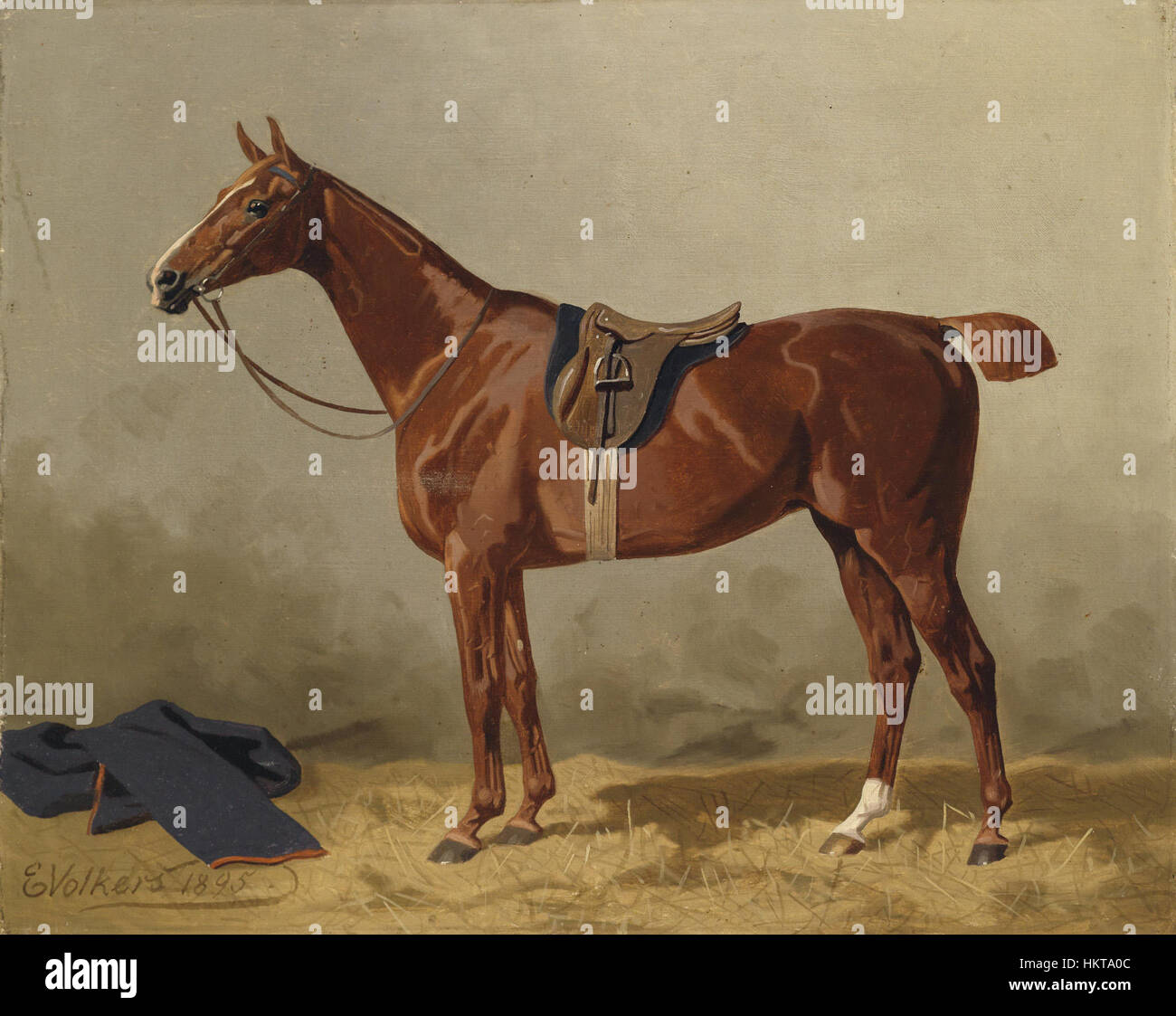 Il dipinto del 1895 di Emil Volkers "Gesatteltes Sportpferd" mostra un elegante cavallo adornato da una sella. Volkers, noto per la sua abilità nel raffigurare soggetti equestri, cattura la bellezza e la grazia del cavallo in movimento. Foto Stock