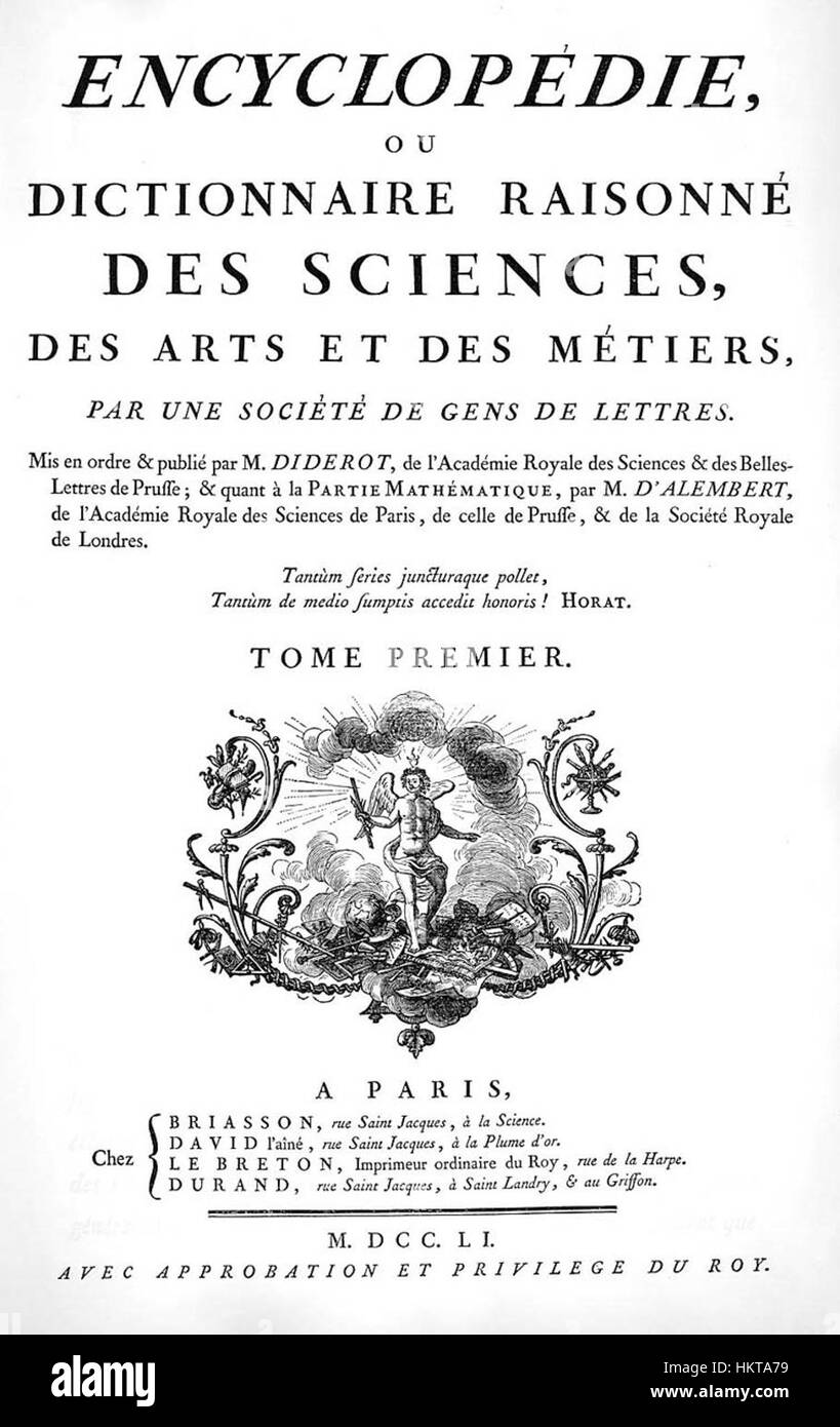 La copertina dell'Encyclopédie, una delle opere più significative del periodo illuministico, edita da Denis Diderot e Jean le Rond d'Alembert. Il lavoro, un vasto strumento di riferimento, mirava a raccogliere e diffondere le conoscenze umane in vari campi, segnando una pietra miliare nella storia intellettuale. Foto Stock