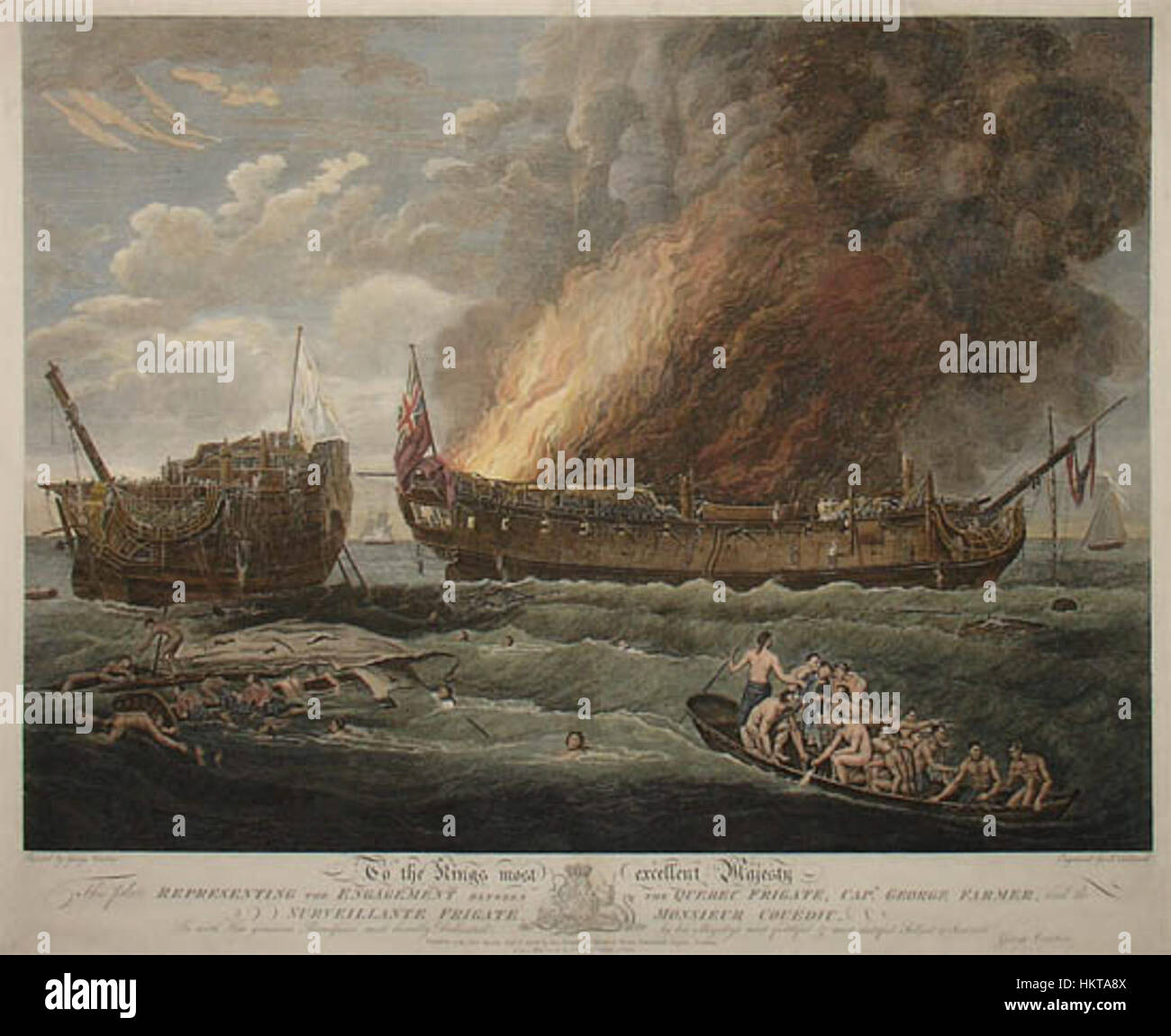 Questo dipinto raffigura lo scontro tra la nave britannica *HMS Quebec* e la francese *HMS Surveillante* durante il XVIII secolo, una significativa battaglia navale nel contesto della Guerra dei sette anni, mettendo in evidenza la guerra marittima. Foto Stock