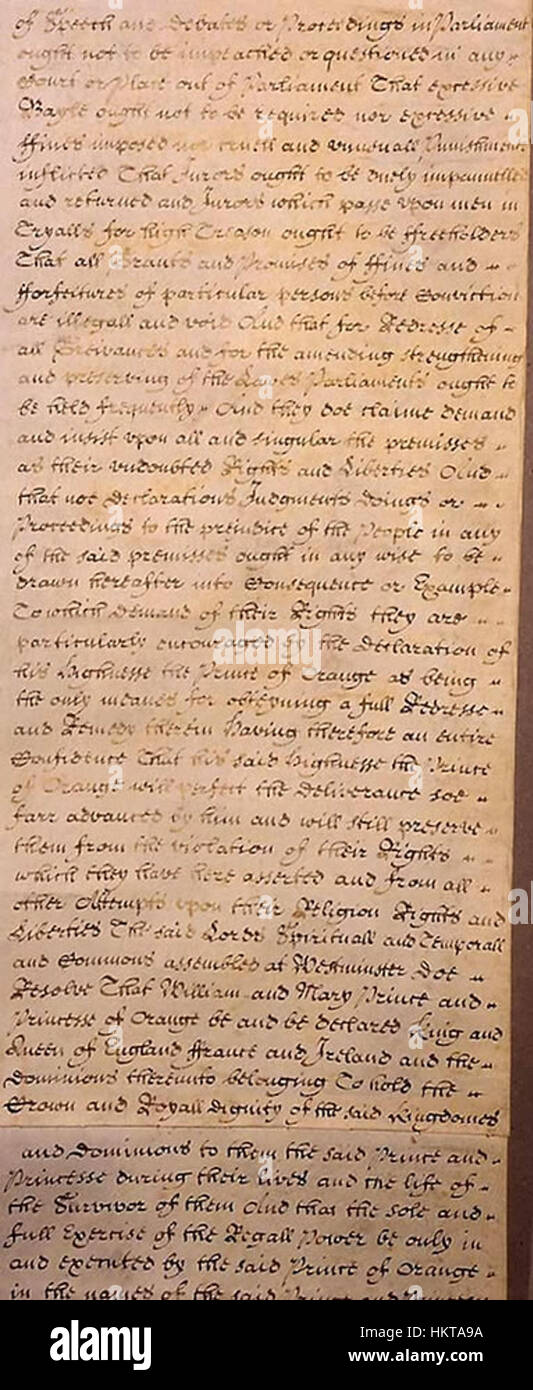 Una rappresentazione del Bill of Rights inglese del 1689, che mostra questo documento storico che stabilì le libertà civili chiave in Inghilterra durante la fine del XVII secolo. Foto Stock Una rappresentazione del Bill of Rights inglese del 1689, che mostra questo documento storico che stabilì le libertà civili chiave in Inghilterra durante la fine del XVII secolo. Foto Stock