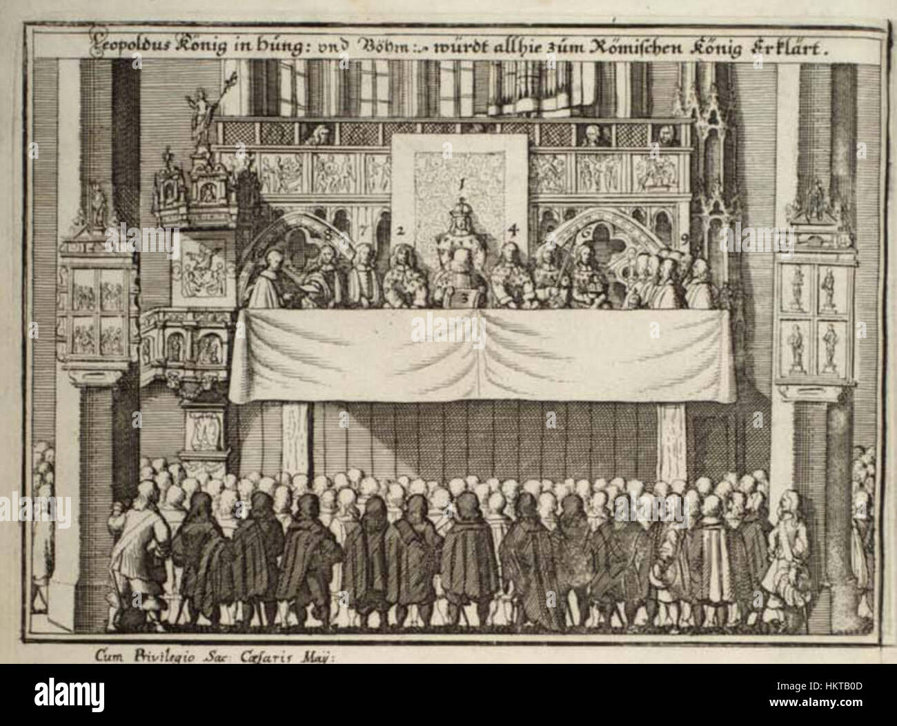 L'opera d'arte "Erhebung Leopolds i" raffigura l'elevazione di Leopoldo i come un evento storico significativo. Questo pezzo commemora il regno di Leopoldo i e i suoi successi, riflettendo la grandezza della storia imperiale e l'eredità del monarca nella storia europea. Foto Stock