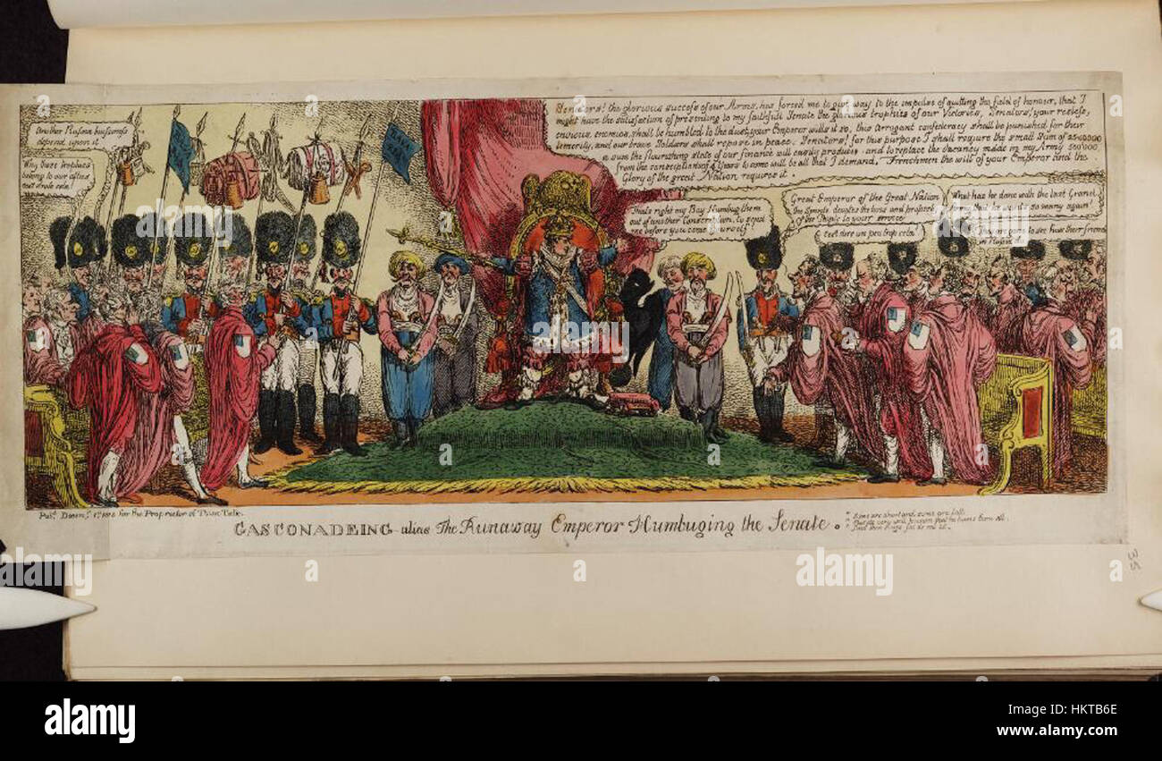 Questa illustrazione satirica delle biblioteche Bodleiane ritrae umoristicamente l'imperatore in fuga fuorviando il senato. L'opera riflette l'arguto commento politico e i temi storici dell'epoca. Foto Stock