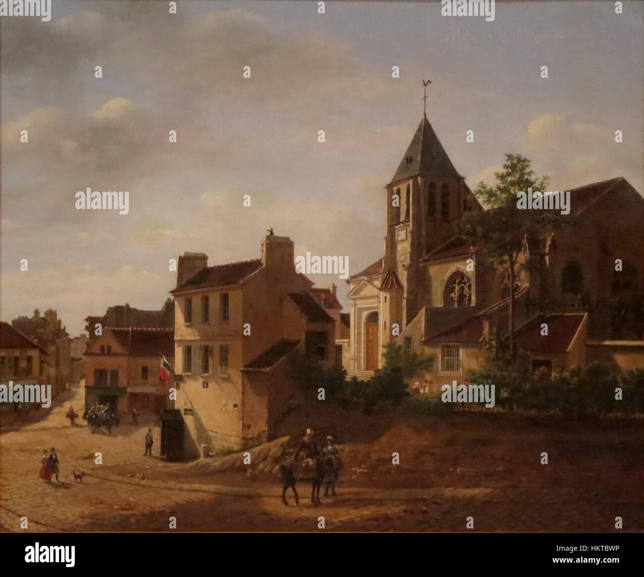 Etienne Bouhot era un artista francese noto per le sue raffigurazioni di paesaggi e scene urbane. Il suo dipinto "Saint-Germain de Charonne" cattura l'essenza della vita parigina del XIX secolo, mostrando sia l'architettura che le vivaci scene di strada dell'epoca. Foto Stock