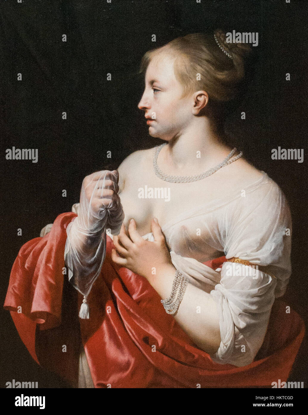 Questo dipinto di Everdingen raffigura una figura femminile, potenzialmente Lucretia, un personaggio della storia romana. L'opera esemplifica lo stile dell'artista, sottolineando la luce drammatica e i dettagli nella posa e nell'abbigliamento della figura, forse alludendo a una narrazione storica o mitologica. Foto Stock