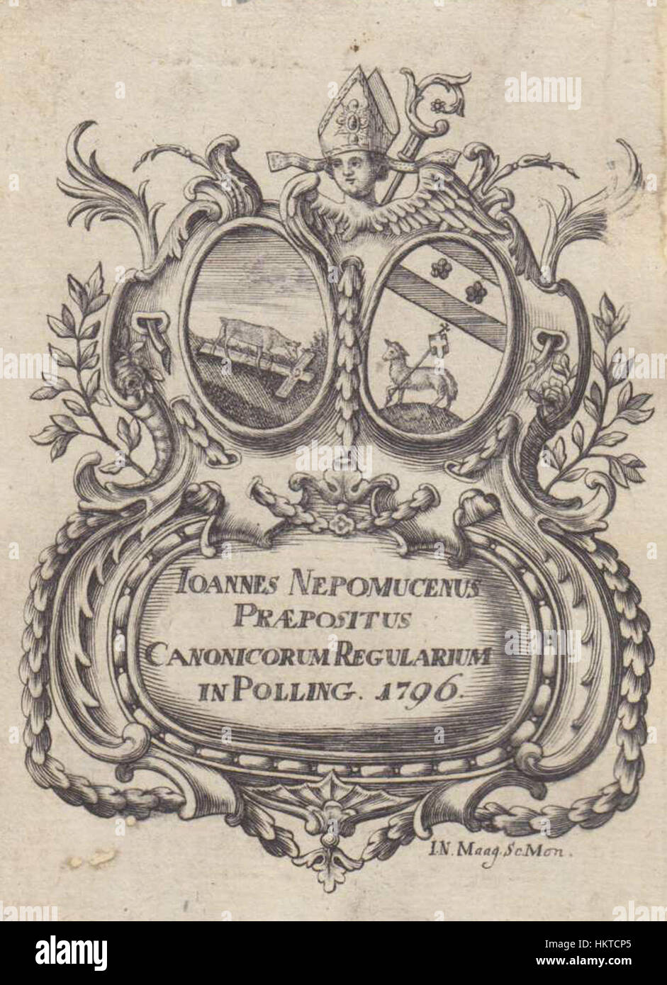 Questo disegno ex-libris è di Augustinerchorherrenstift, un monastero agostiniano a Polling, in Germania. L'opera d'arte è stata creata come parte di una tradizione di arte da libreria, raffigurando il significato del monastero nella vita religiosa e culturale attraverso intricati dettagli e simbolismo. Foto Stock