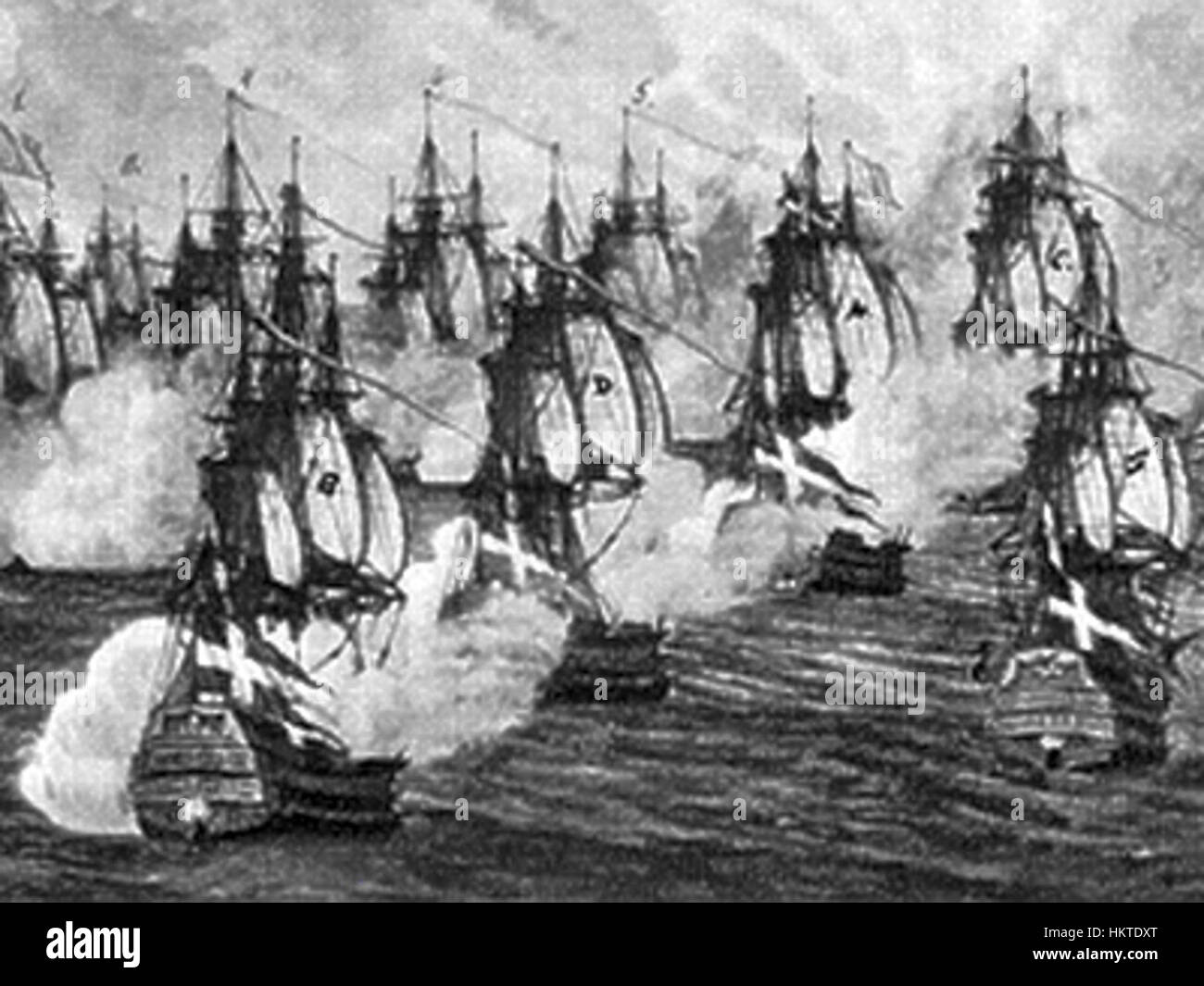 Questa opera d'arte ritrae una scena drammatica della battaglia di Fehmarn del 1715, uno scontro navale durante la grande Guerra del Nord. Il dipinto cattura il caos e l'intensità della battaglia, fornendo un'idea della guerra navale del XVIII secolo. Foto Stock