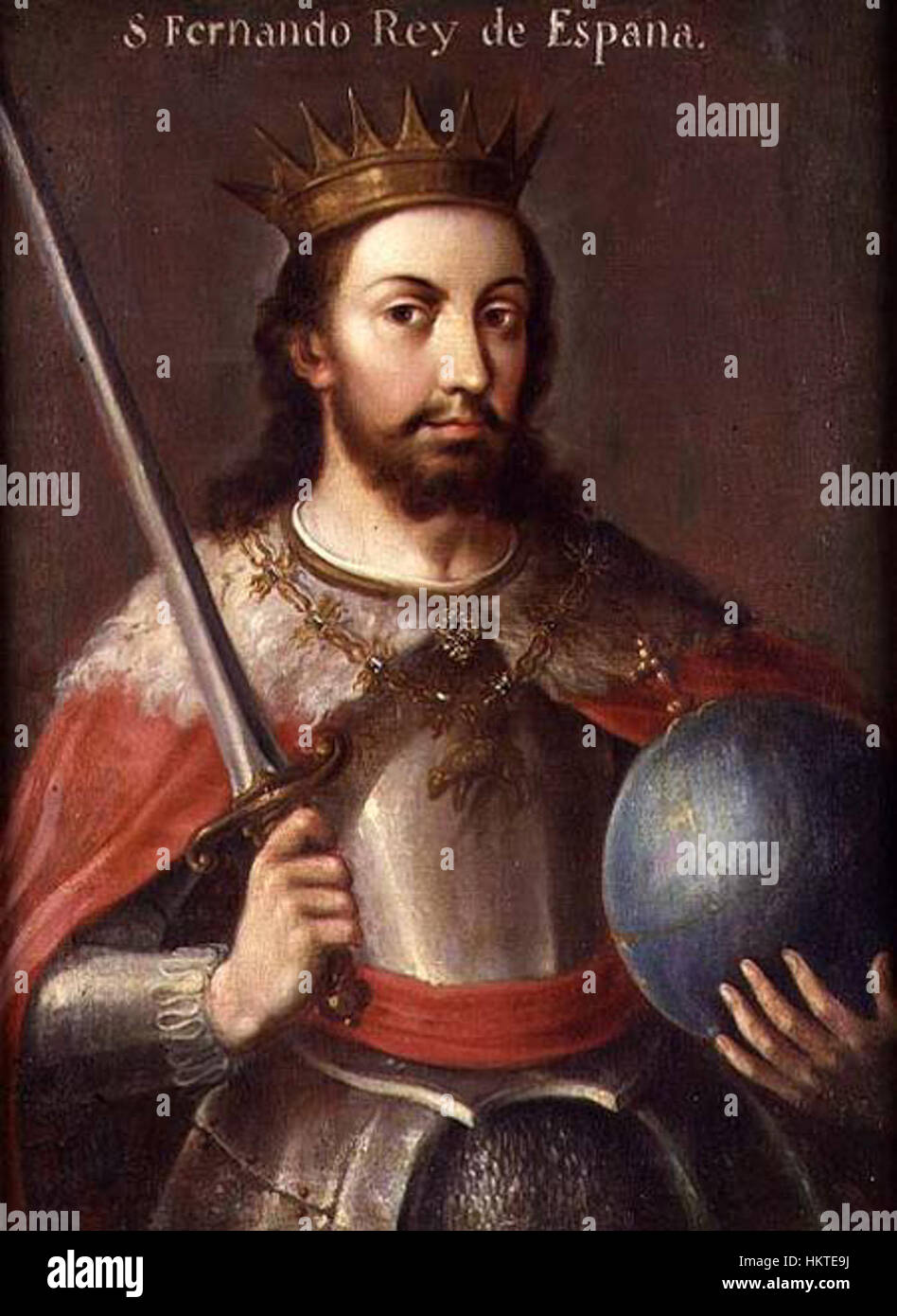 Questo ritratto mostra Ferdinando III di Castiglia, un significativo re spagnolo noto per le sue vittorie militari e i contributi alla Reconquista. L'opera d'arte del XVII secolo ritrae il suo abbigliamento regale e la sua presenza reale. Foto Stock