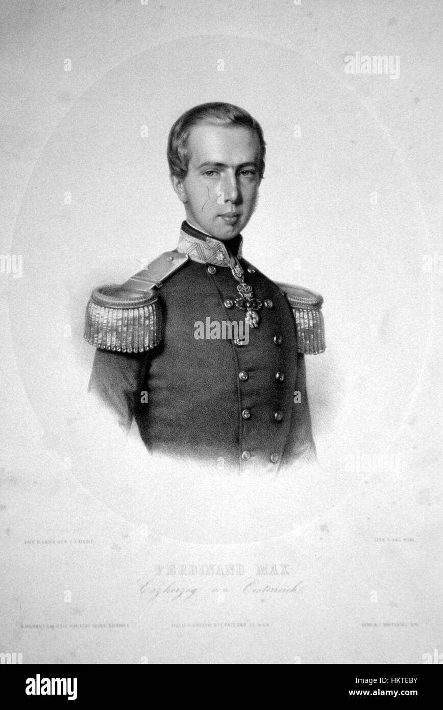 Questa litografia di Ferdinand Max Erzherzog, un arciduca austriaco, mostra un ritratto dettagliato del XIX secolo. La litografia è stata ampiamente utilizzata durante questo periodo per la riproduzione di massa delle immagini. Foto Stock