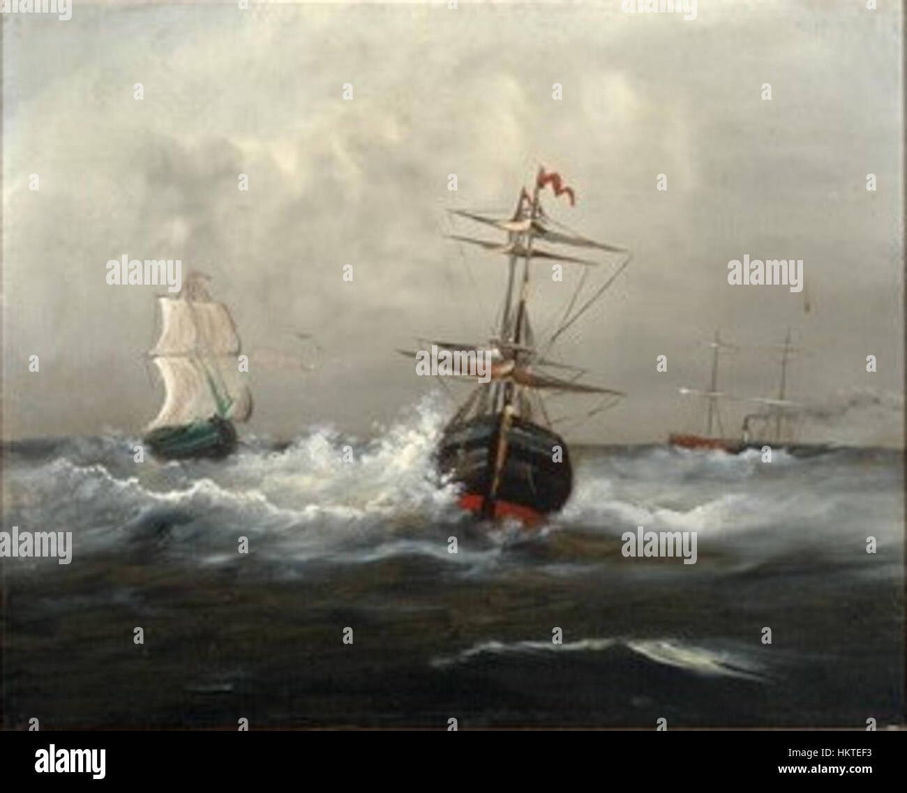 "Ladja na viharnem morju" di Ferenc Szikszay raffigura una scena drammatica di una barca su un mare tempestoso. La pittura ad olio cattura l'intensità della natura e la resilienza umana, tipica dell'arte ungherese del XIX secolo. Foto Stock