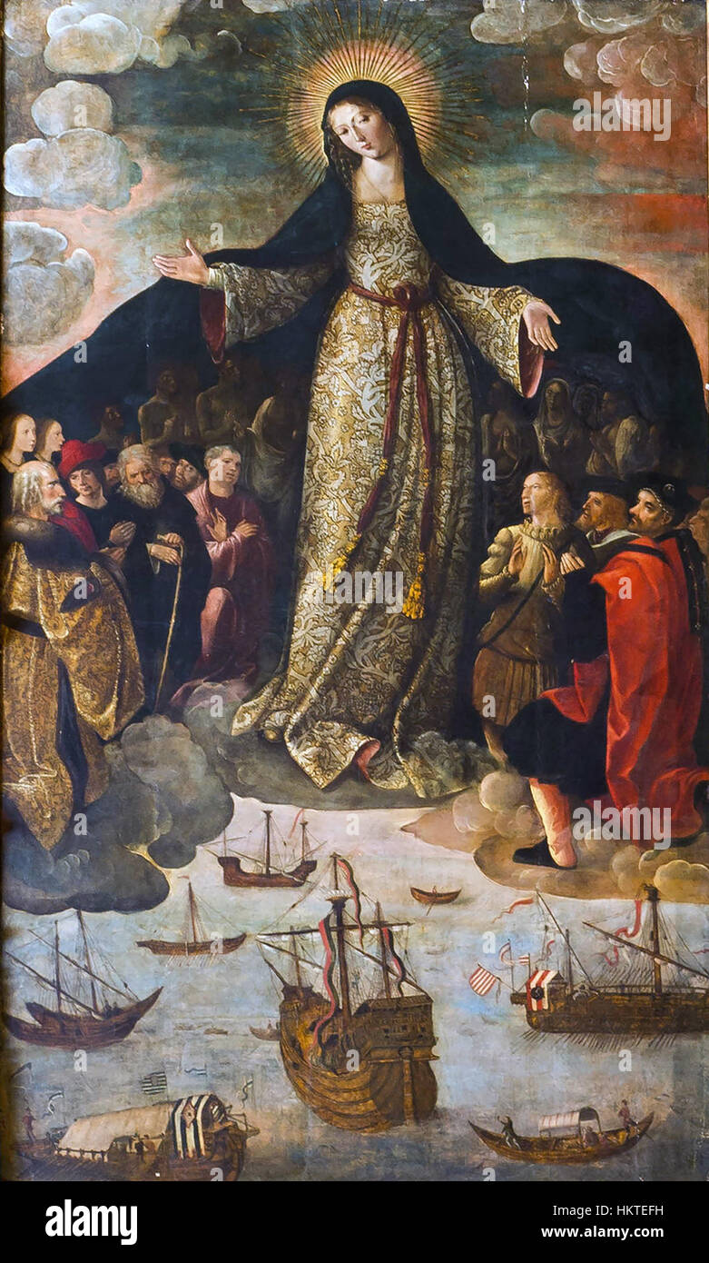 Questo dipinto di Fernandez-Virgin, "Vergine dei navigatori", è stato creato per onorare i marinai e gli esploratori. L'opera d'arte, spesso vista come un simbolo protettivo per i marinai, combina l'immaginario religioso con lo spirito di esplorazione. Foto Stock