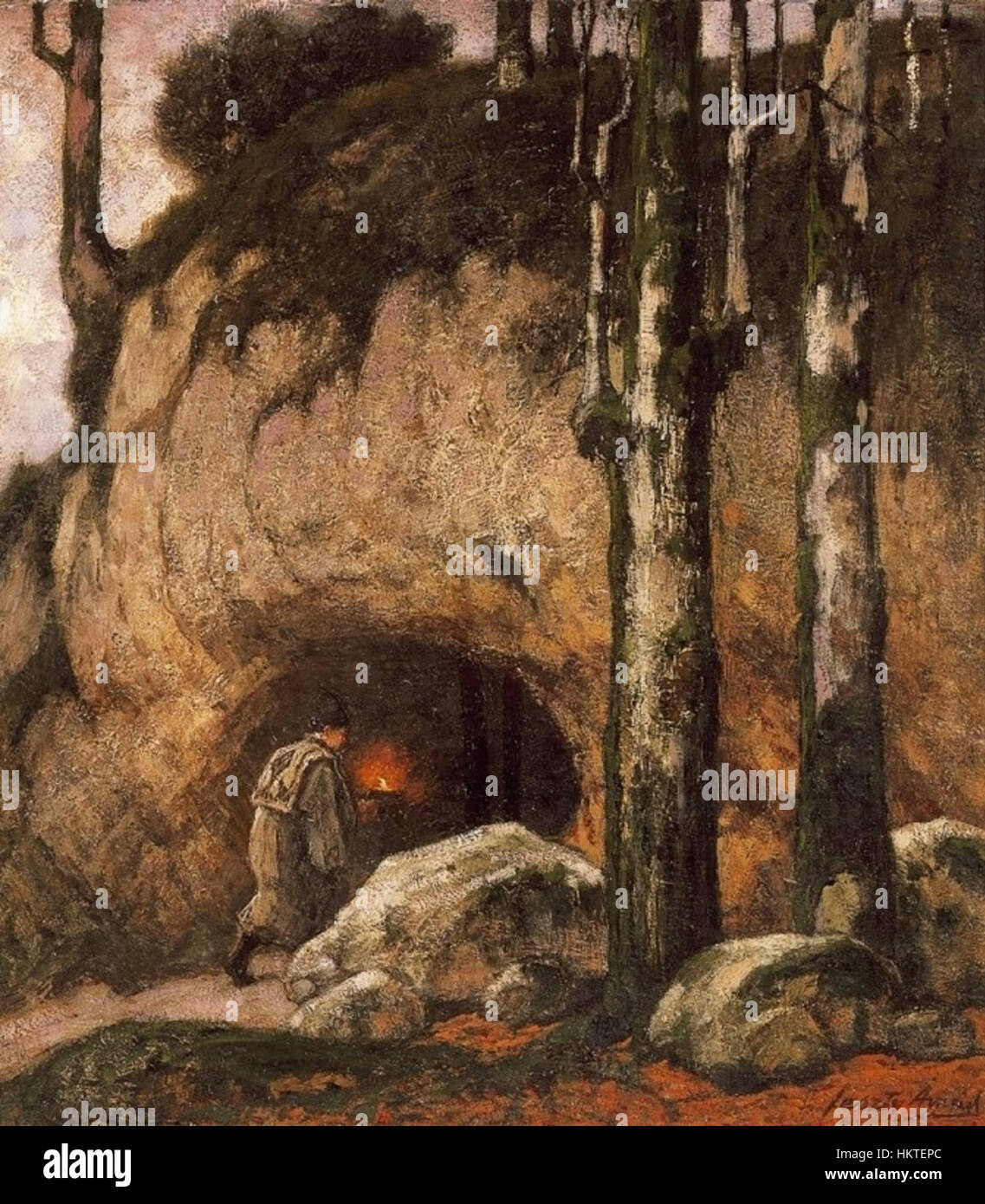 Questo dipinto raffigura la Grotta di Feszty di Raskallies, nota per il suo significato storico e archeologico. L'opera d'arte mostra le formazioni rocciose uniche e il loro collegamento con l'antica abitazione umana nella regione. Foto Stock