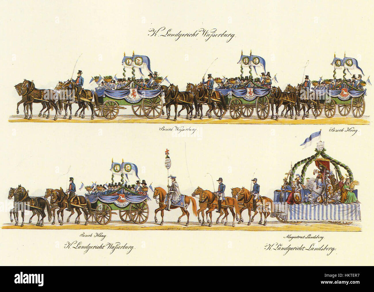 "Festzug 1835 04" è una rappresentazione di una sfilata storica del 1835, che cattura l'atmosfera vivace dell'evento. Il dipinto illustra l'abbigliamento, i costumi e lo sfarzo dell'epoca, riflettendo gli aspetti sociali e culturali del XIX secolo. Foto Stock