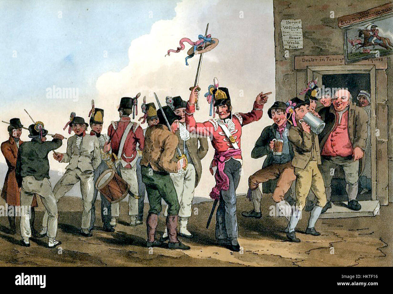 Questo dipinto, intitolato "Fig 9 Recruiting Party-1", raffigura una scena storica di reclutamento militare, che illustra l'entusiasmo e il vigore associati all'arruolamento militare. L'opera d'arte cattura l'energia e il patriottismo del tempo, offrendo uno sguardo sul processo di reclutamento durante un periodo storico significativo. Foto Stock