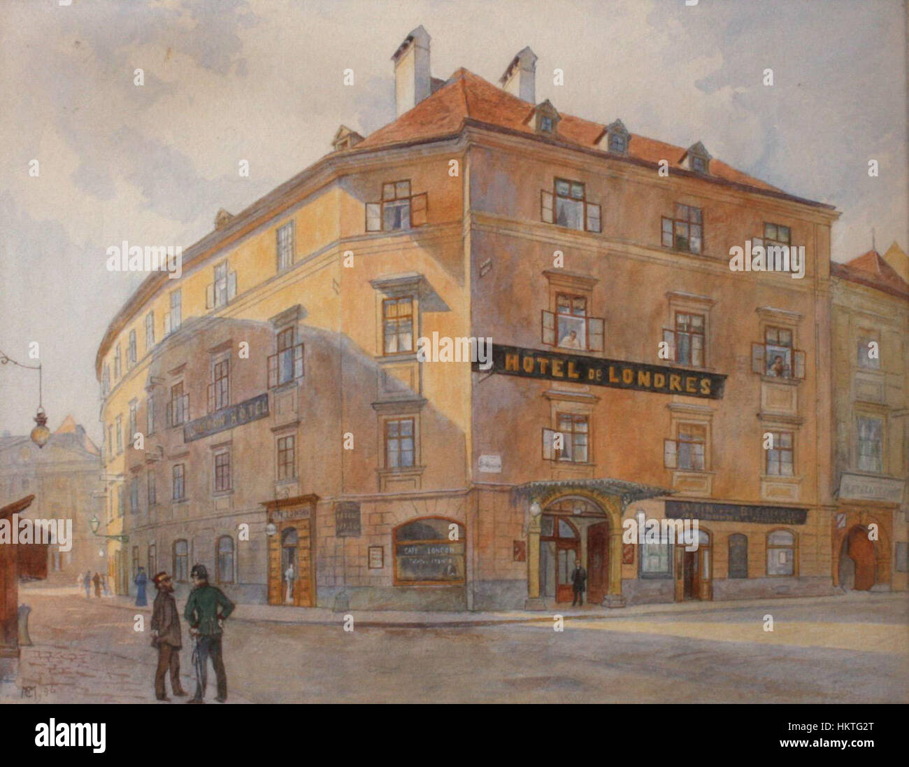 Una rappresentazione del XIX secolo dell'Hotel Londres di Vienna, situato sul Fleischmarkt. Il dipinto cattura l'eleganza di questo storico hotel e il paesaggio urbano circostante, mostrando la grandiosità architettonica di Vienna negli anni '1800 Foto Stock