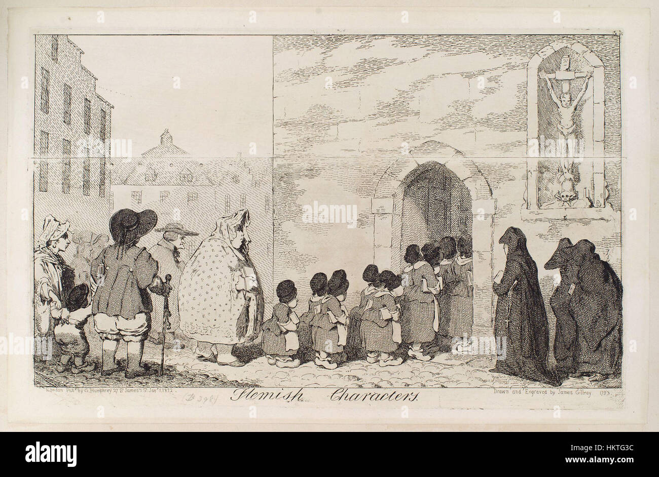 I personaggi fiamminghi di James Gillray sono una serie di illustrazioni satiriche che raffigurano figure sociali e politiche del suo tempo. Noto per il suo stile caricaturale, il lavoro di Gillray cattura l'essenza della società fiamminga del XVIII secolo e le sue dinamiche. Foto Stock