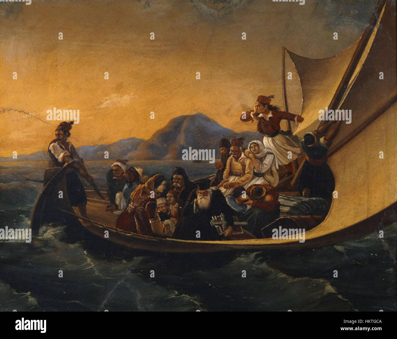 "Flucht aus Parga" (volo da Parga) di Tsokos è un dipinto storico che raffigura la drammatica evacuazione dei cittadini greci da Parga nel 1819. Il pezzo illustra i tumulti e il coraggio degli individui coinvolti in questo momento cruciale della storia greca. Foto Stock